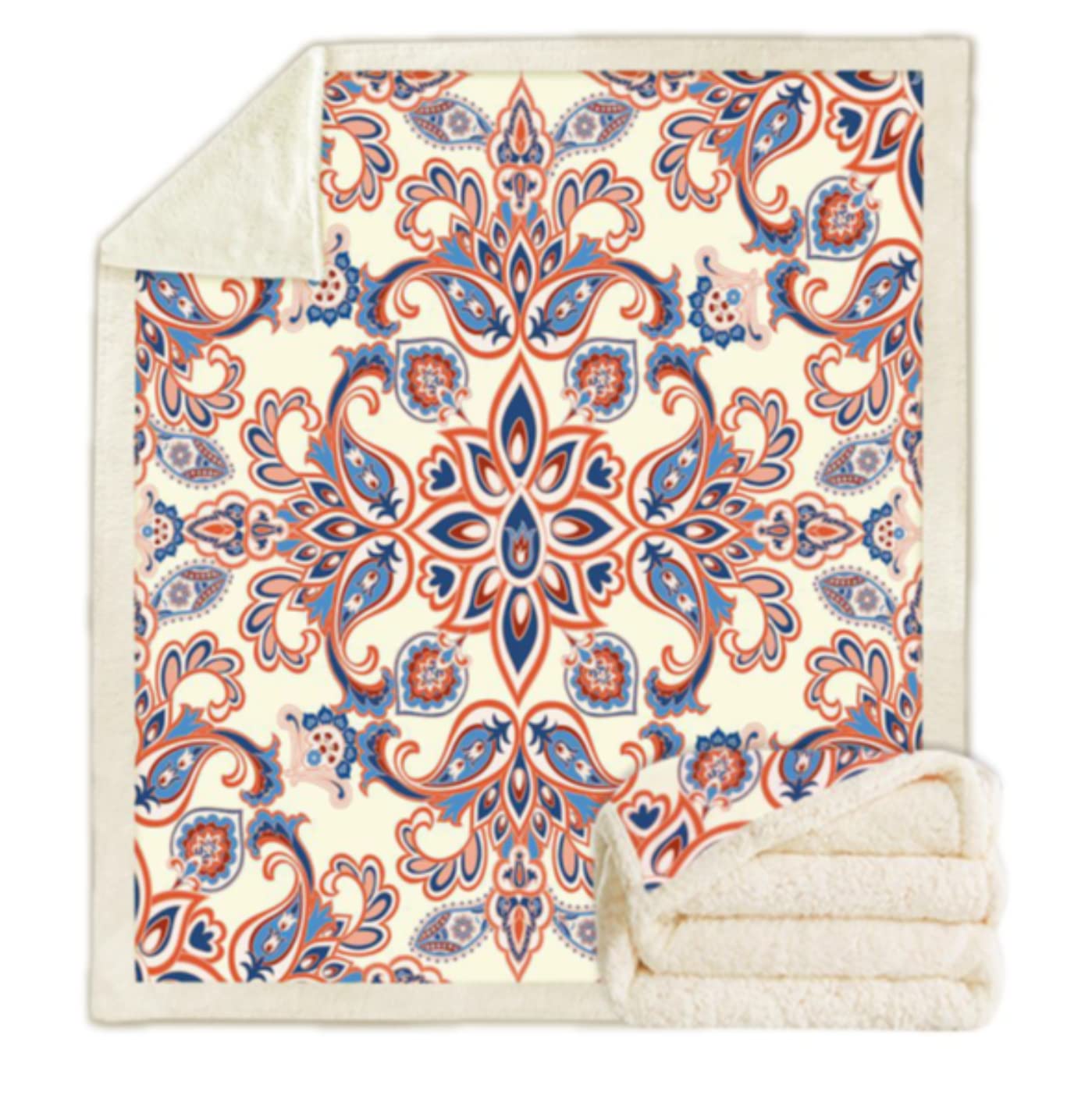 SusggO Manta Sofa Manta Cama Sherpa 130x150cm Plaid Sofa Cama - Diseño Mandala por un Lado y por Otro Sherpa Blanco Borreguito - Decoracion Textil hogar Invierno Polar (Mandala Blanco Rojo 130x150cm)