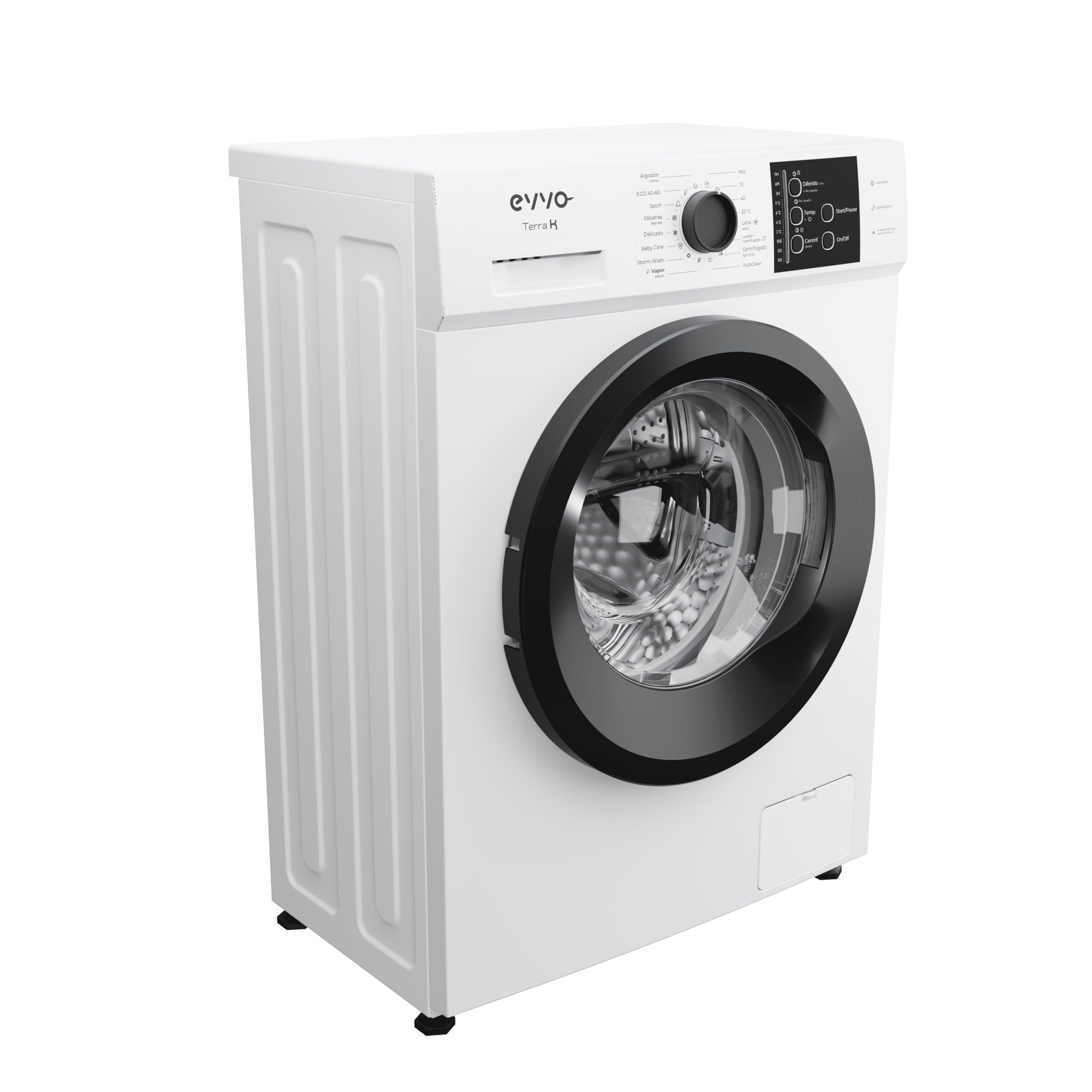 EVVO Lavadora Carga Frontal TERRA K7 - Lavadora Eficiencia Energética A, Motor eDRIVE Inverter, Función Vapor, 1000-1200 RPM, 16 Programas, Lavado Rápido, Limpieza de Tambor, Fondo Estrecho 44 cm