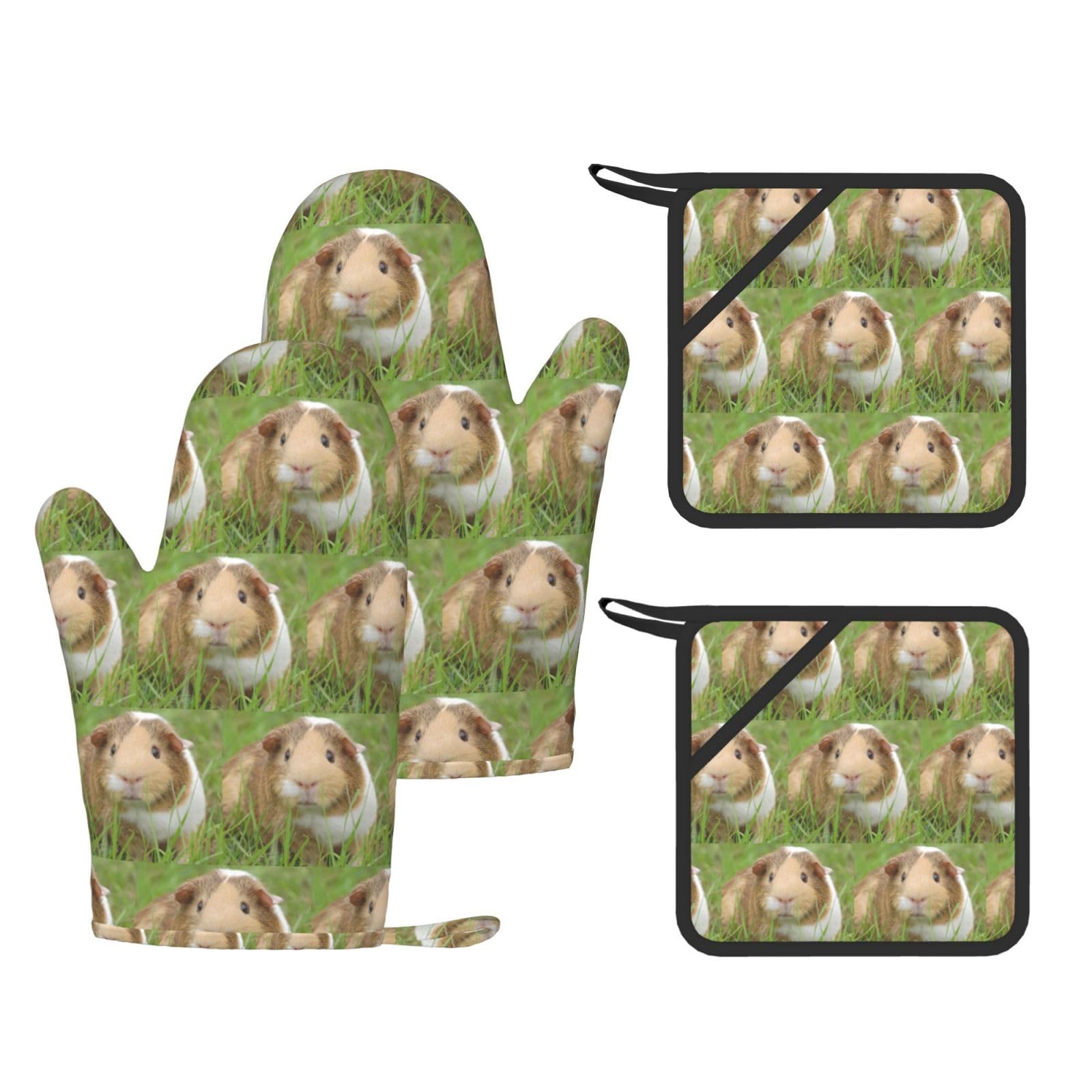 Guinea Pig Printed Pot Holders and Oven Mitts 4-Piece, Non-Slip Kitchen Gloves with Utensil Pocket for BBQ