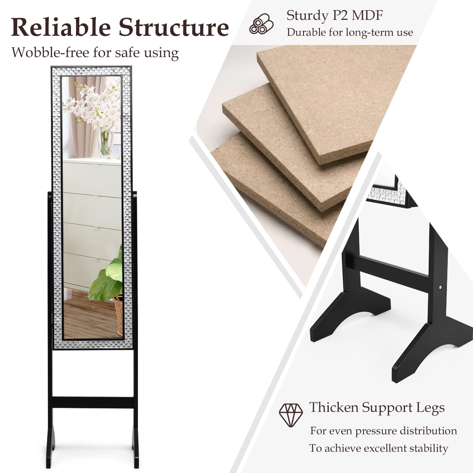 Armadietto Portagioie Con Specchio A Figura Intera RELAX4LIFE – Cassetto, Ripiano, Luci LED 3 Colori, Serratura Magnetica, 64 Scomparti, 41x35x166 Cm, Stile Industriale
