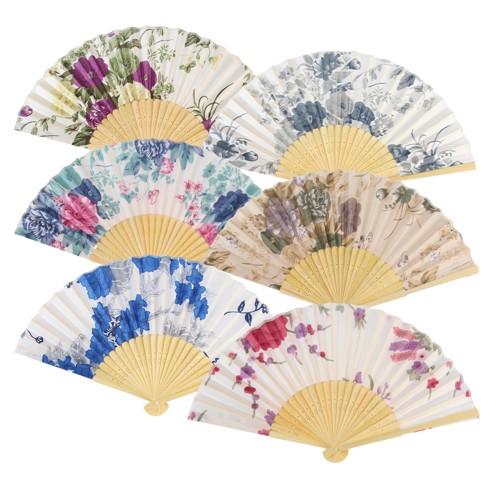 CYIOU 6 Pack Folding Fan Silk Fabric Bamboo Hand Fan Folding Chinese Style Chinese Fan Floral Hand Fans for Women Folding Suitable for Wedding Dance Performance Home Decoration