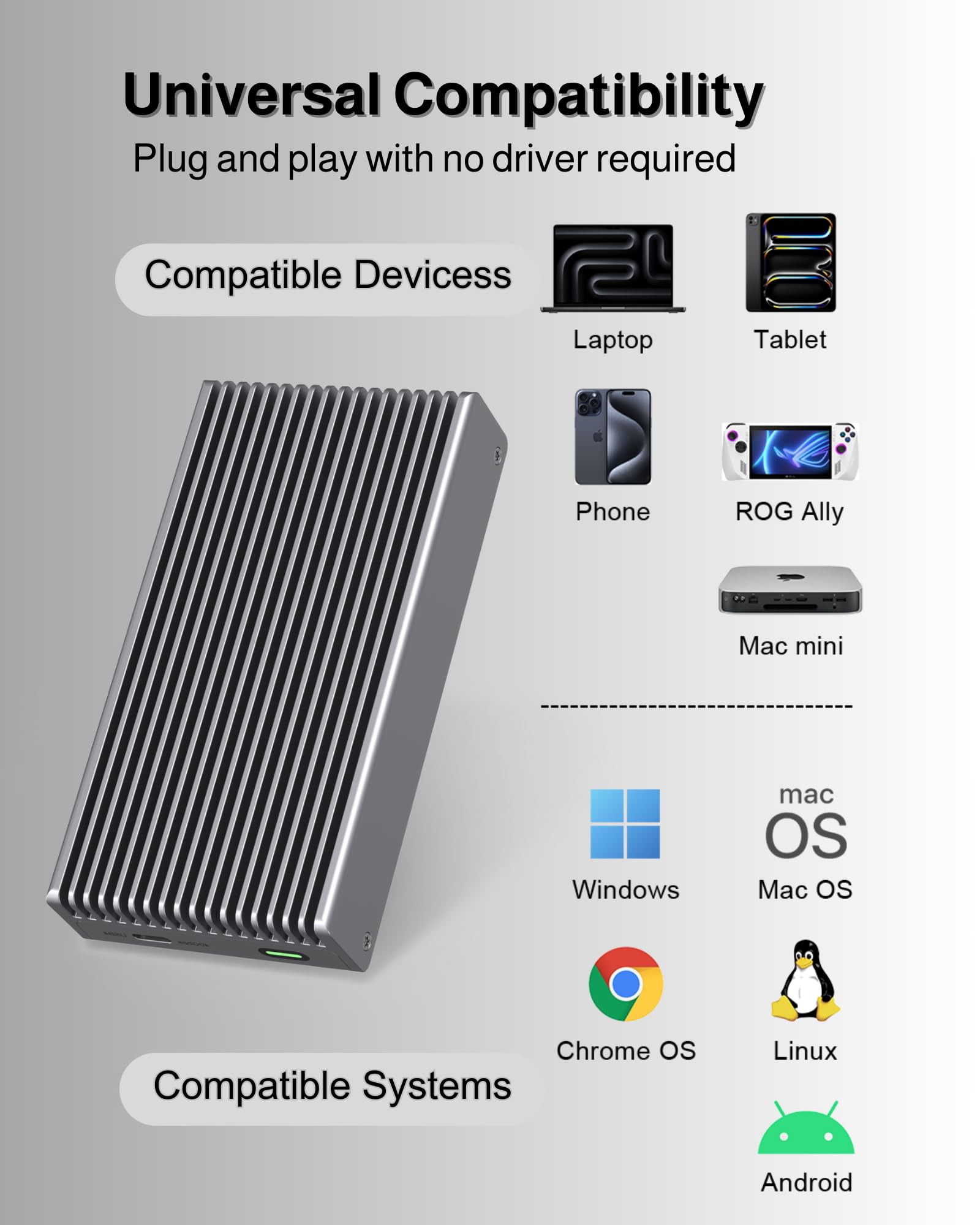 Cicha obudowa 40 Gb/s M.2 NVMe, aluminiowa obudowa zewnętrzna SSD USB C, kompatybilna z adapterem SSD Thunderbolt4/3 8 TB, czytnik PCIe Gen4 M.2 SSD, pasuje do 2280/2260/2242/2230 mm