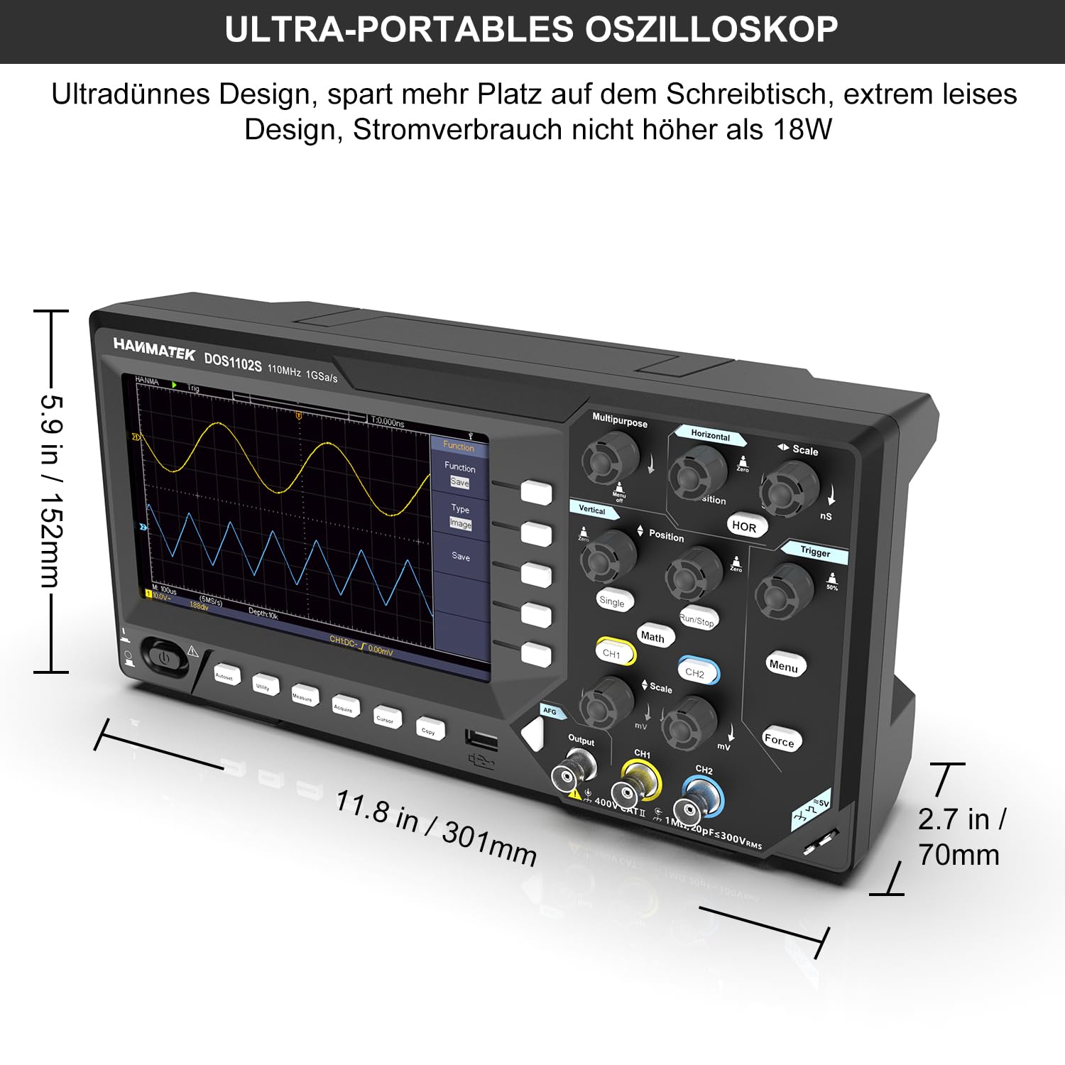 HANMATEK 2 in1 DOS1102S Digitales Speicheroszilloskop mit integriertem Wellenformgenerator, 110MHz Bandbreite, 2 × 500MSa/s Abtastrate, Zweikanal