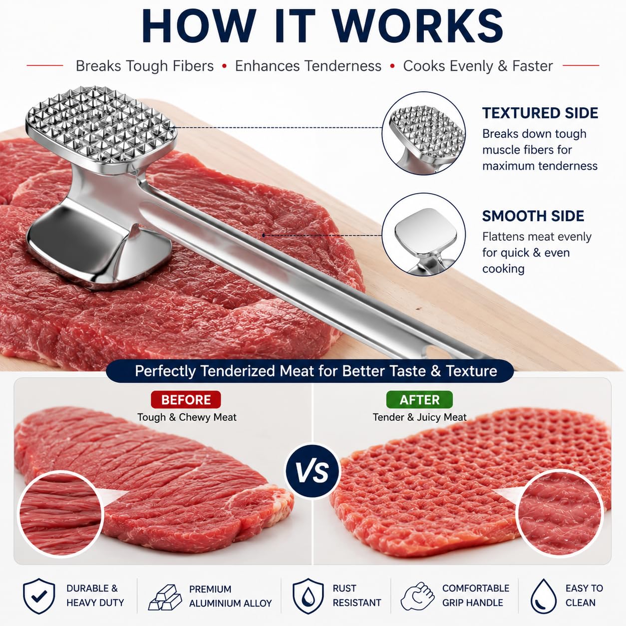 Zollyss Aluminium Meat Tenderizer Hammer | Double Sided Meat Mallet for Steak, Chicken, Beef & Pork | Heavy Duty Meat Pounder | Kitchen Meat Hammer for Tenderizing & Flattening Meat | Silver 1