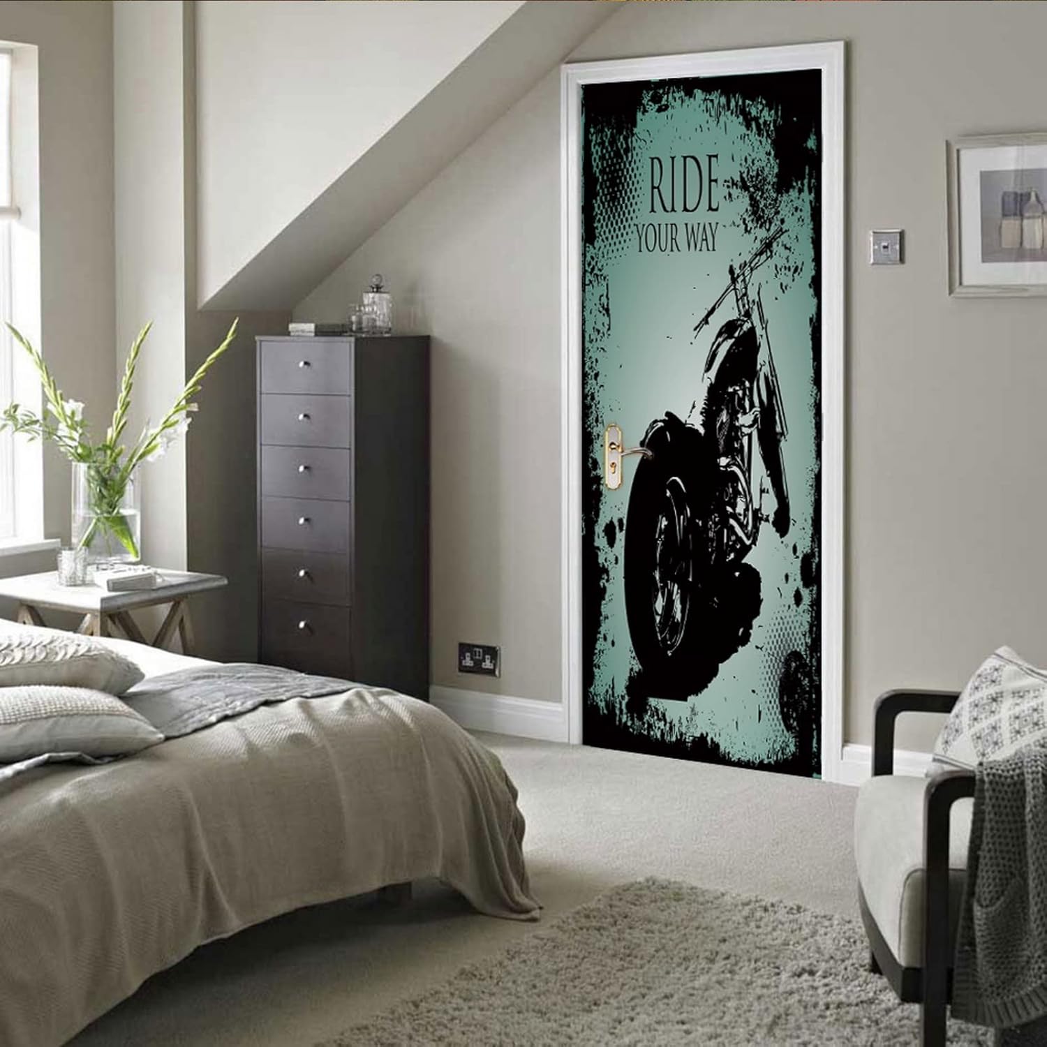 A.Monamour 3D Door Stickers for Interior Doors Retro Motorcycle Grunge Background Vinyl Removable Self Adhesive Door Poster Wallpaper Mural Decals for Bedroom Office Bathroom