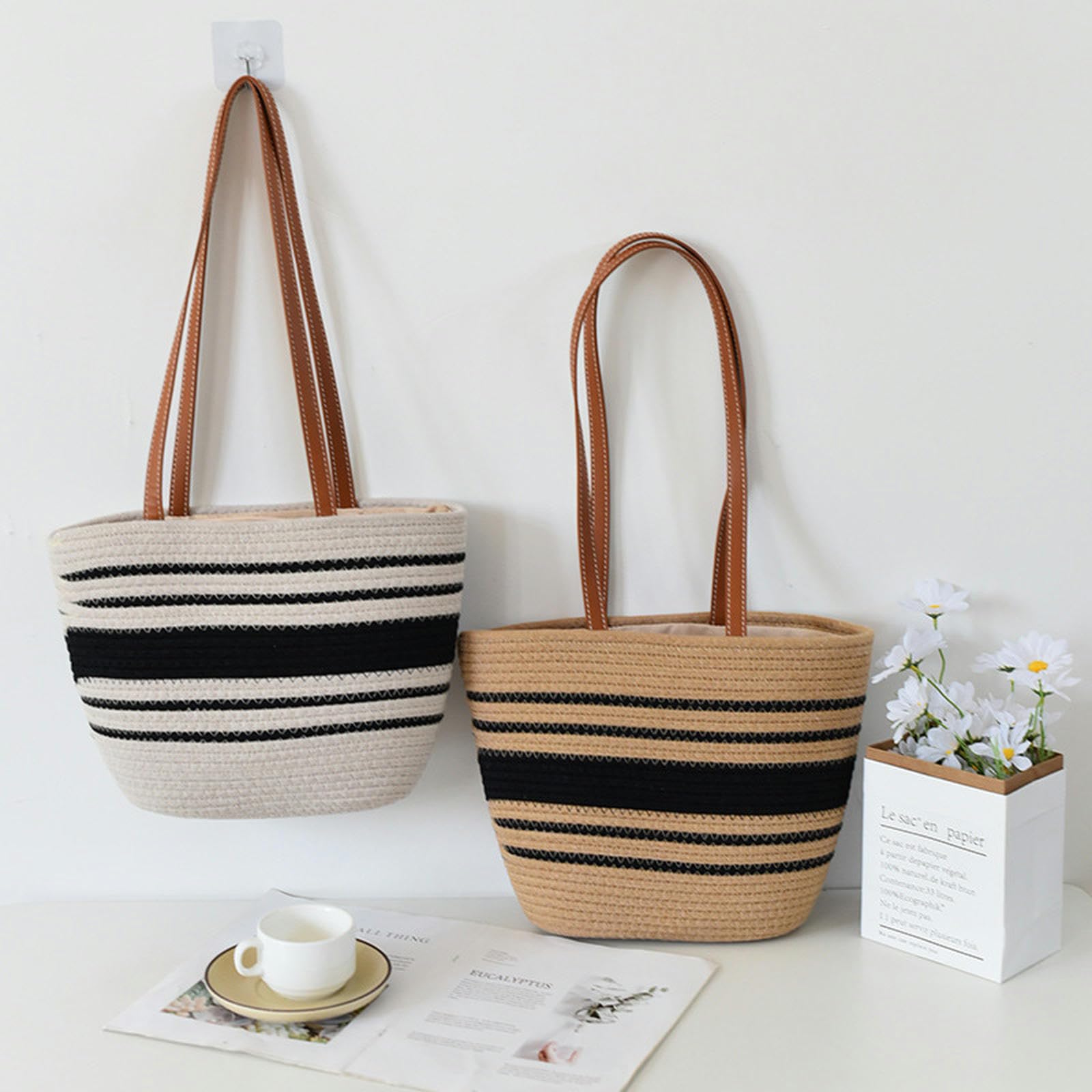 Borsa Paglia Temperamento, Moda, Borsa Tessuta delle Donne, Fashion Tote Bag, Borsa in Pelle Artificiale Intrecciata con Una Spalla, Grande capacità