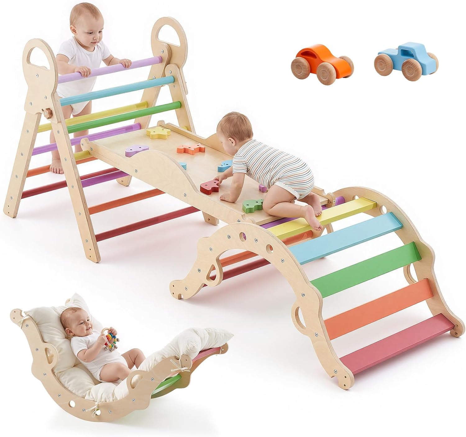 VEVOR Pikler Triangle Set, 9-in-1 Toddler Climbing Toys Indoor, with 2 Wooden Cars, Cushion, Triangle, Arch, and Ramp, 150 lbs Load, Foldable Montessori Climbing Set for Toddlers and Kids, Rainbow
