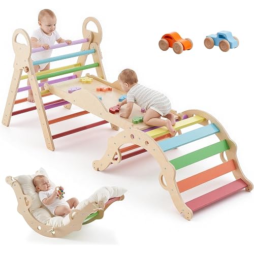VEVOR Pikler Triangle Set, 9-in-1 Toddler Climbing Toys Indoor, with 2 Wooden Cars, Cushion, Triangle, Arch, and Ramp, 150 lbs Load, Foldable Montessori Climbing Set for Toddlers and Kids, Rainbow