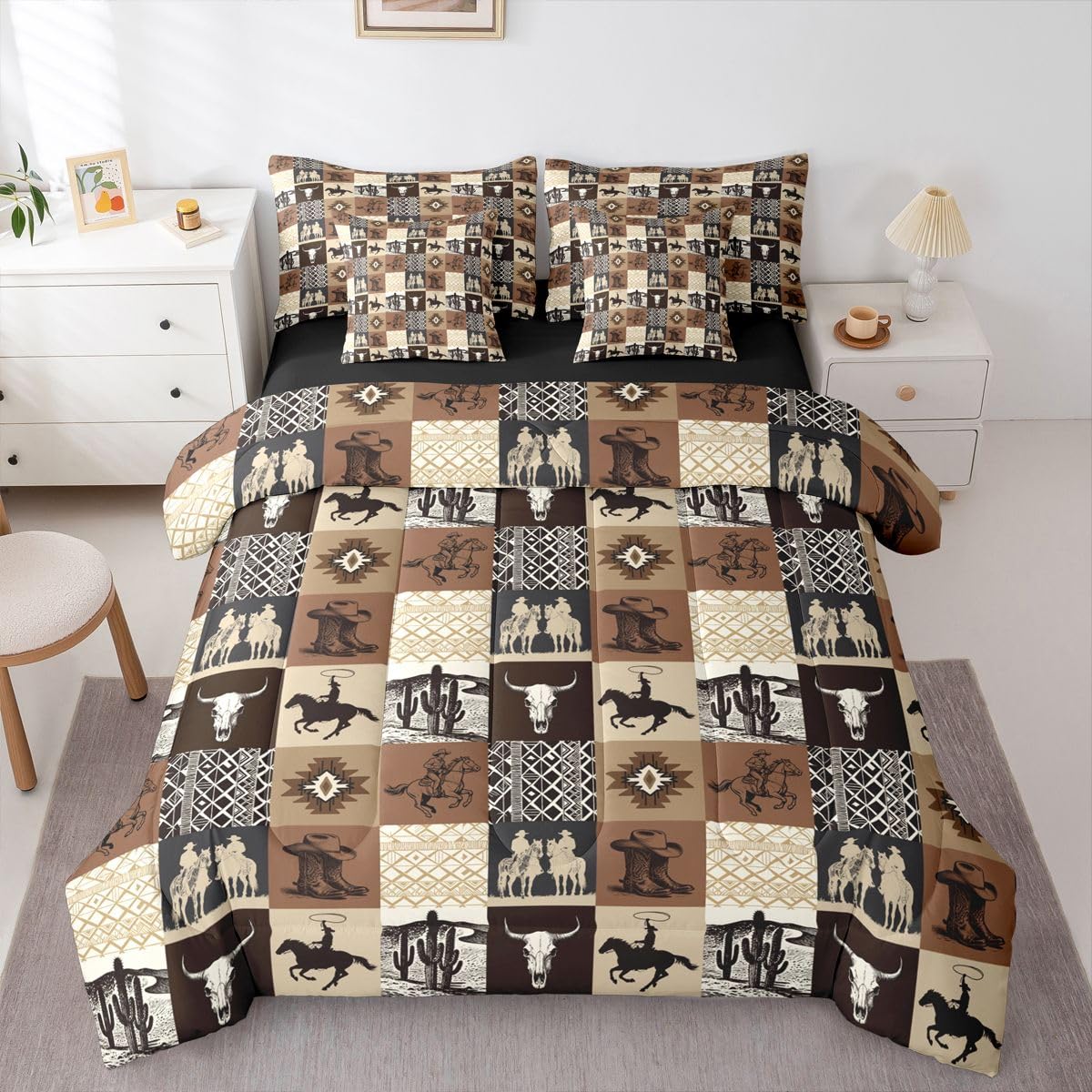 Feelyou Western Comforter Set with Sheets 7 Piece Queen Southwestern Aztec Country Horse Cowboy Bedding Set for Kids Boys Girls Rustic Ranch Pattern Bed in a Bag Cow Skull Room Decor Soft Lightweight