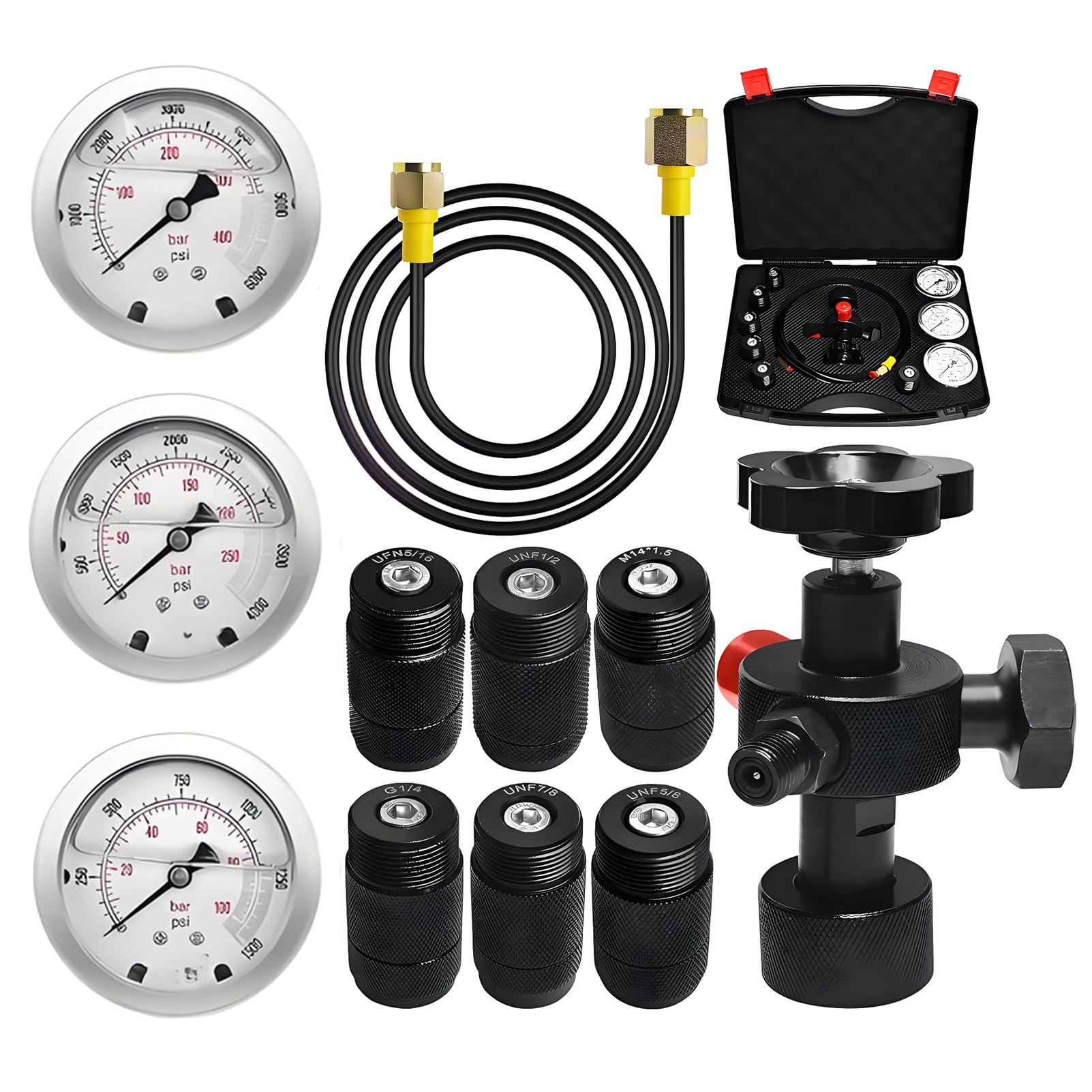 Kit de Carga para Prueba de acumulador de nitrógeno hidráulico,Kit de Prueba de Fugas de nitrógeno para CA.Incluye Cuerpo de válvula Principal,3 manómetros de precisión,6 acoplamientos