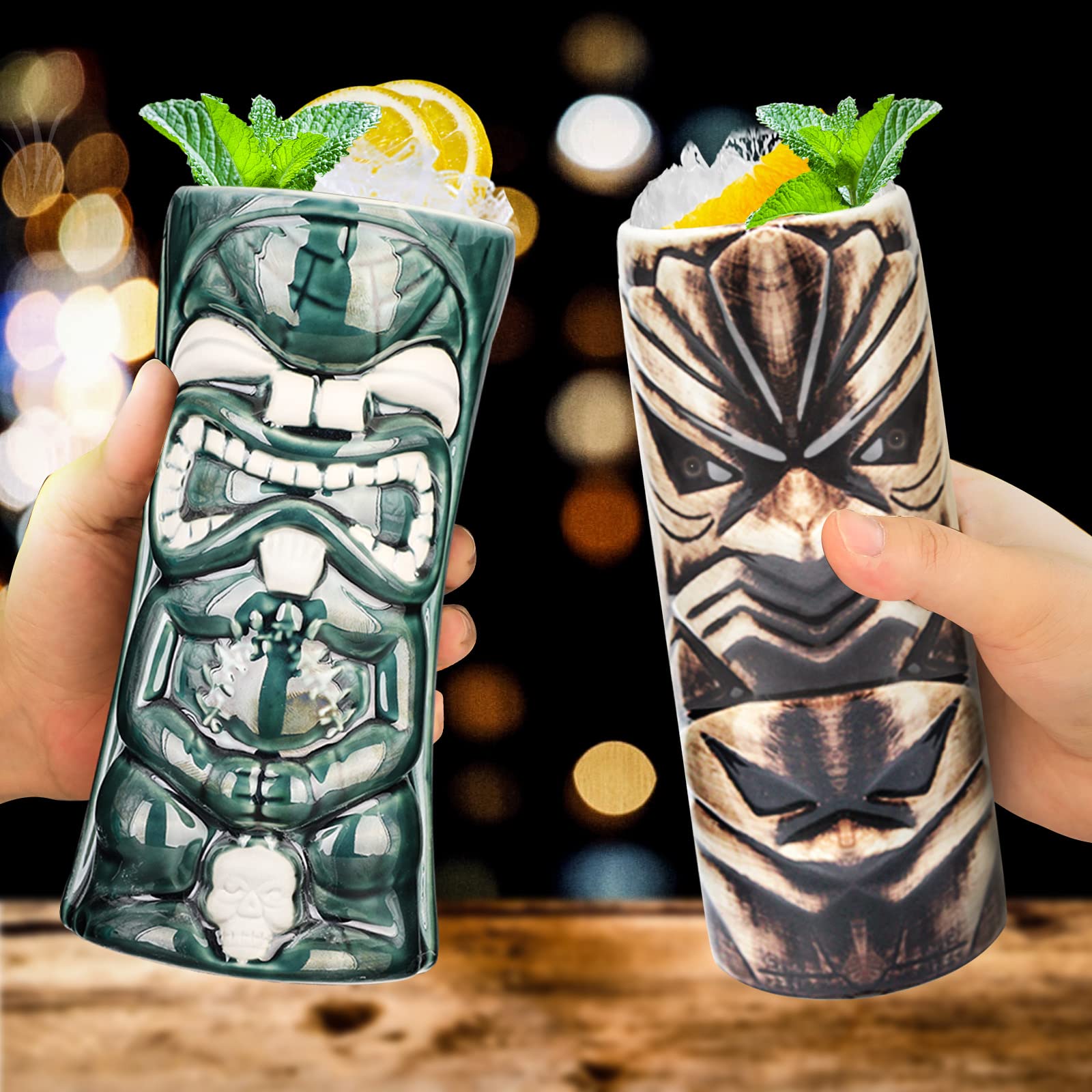 SuproBarware Juego de 8 vasos de cóctel Tiki de cerámica colorida, decoración de fiesta hawaiana para fiestas exóticas