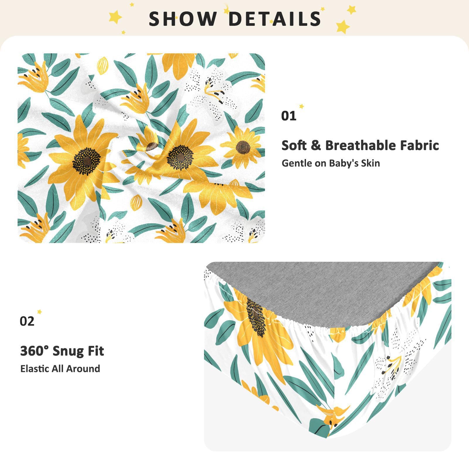 Babybettlaken für Jungen und Mädchen, weich, für Kleinkinder, Standardmatratze, 71 x 132 cm, Sonnenblumen- und Lilienmuster