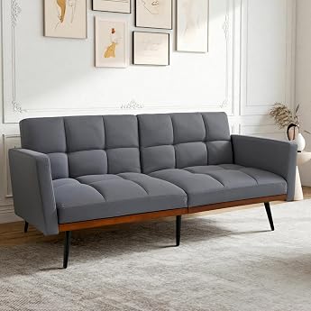 146 cm Sofa Bed 2-Seater Sofa Modern Futon Couch in Linen Mix 5-Way Adjustable Backrest & Fixed Armrests Suitable for Living Room Bedroom Guest Room Grey