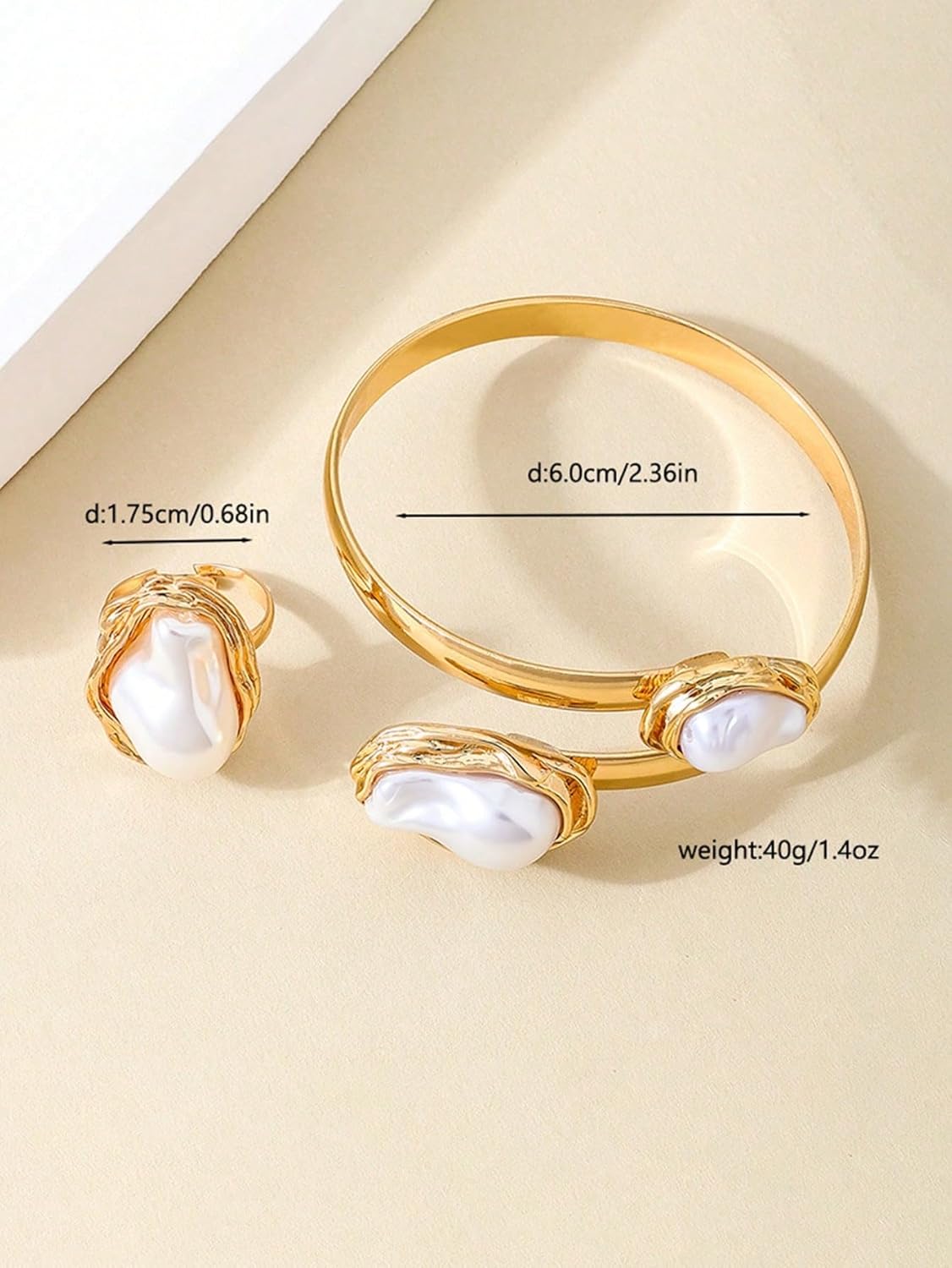 Baroque Pearl Jewelry Set for Women，3PCS Gold Long Herringbone Necklace Bracelet Ring Pearl Set Elegant Vintage Adjustable Trendy Jewelry Gift - Image 8