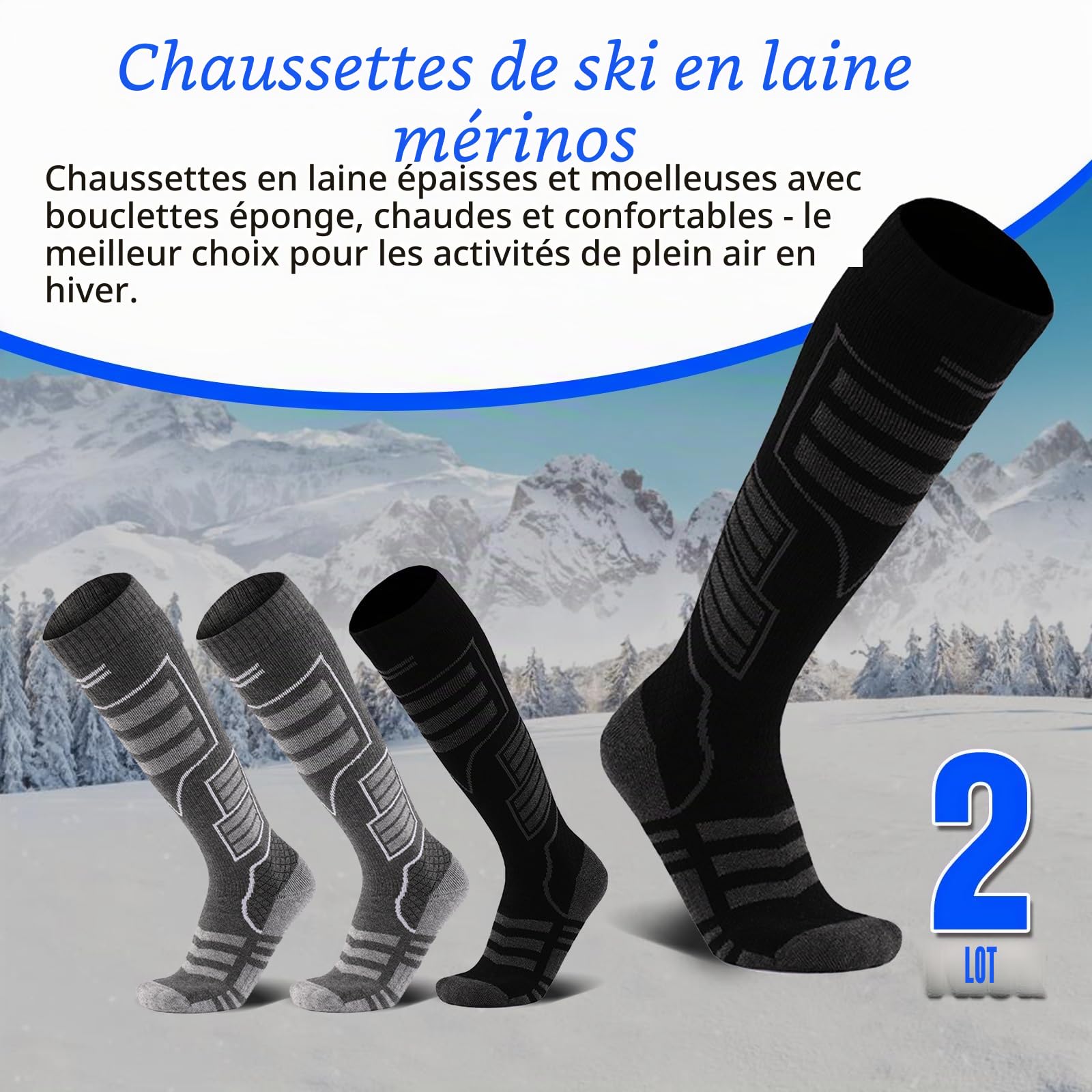 2 Paires Chaussettes de Ski Laine Mérinos Homme, 39-44 Chaussette thermique d'hiver