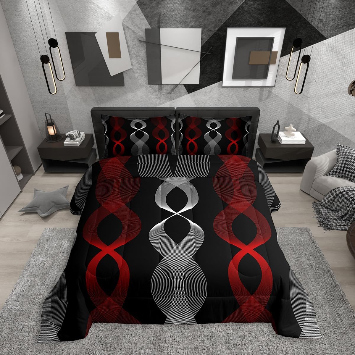 Erosebridal Red and Black Queen Comforter Set for Adults, Red Striped Bedding Set for Women Men Teens Adults Bedroom, Ombre Geometric Stripes Abstract Comforter, Contemporary Boho Modern Art Quilt