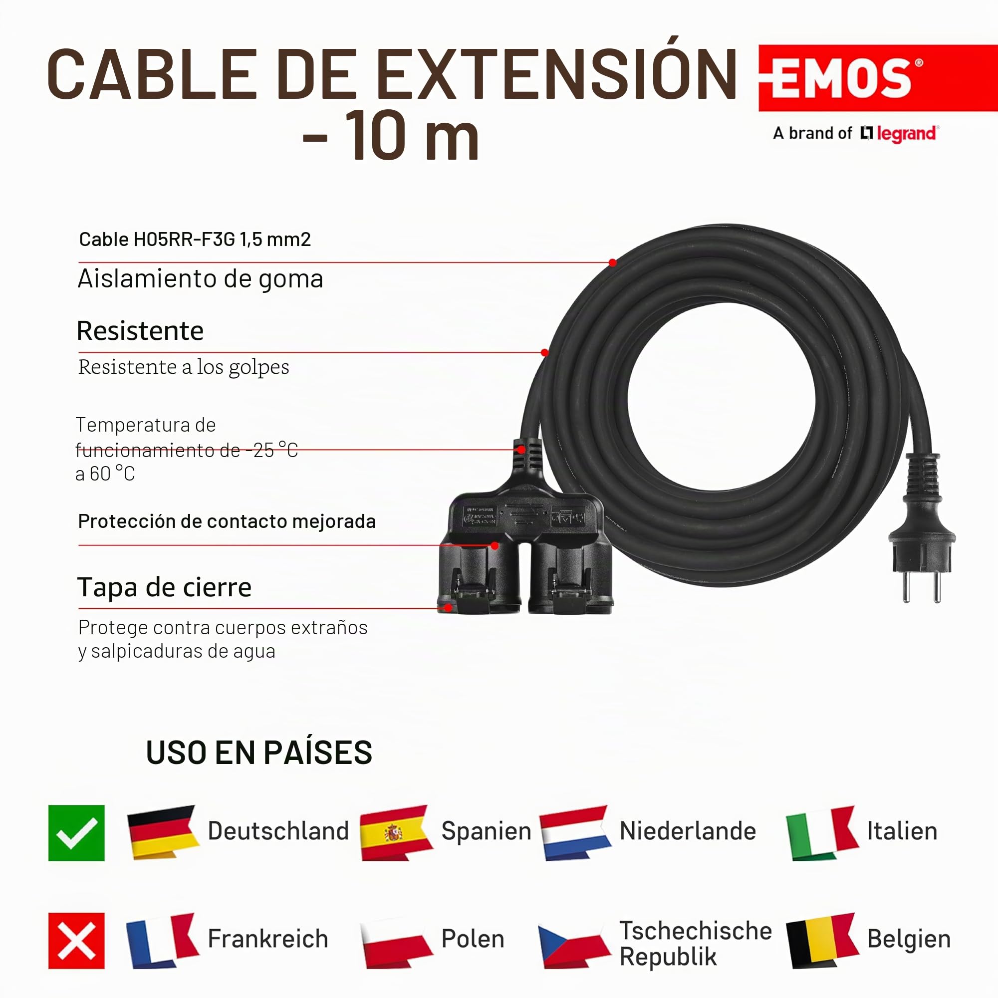 EMOS cable alargador IP44 10 m, 2 Schuko, resistente agua, calor, golpes, 230 V 16 A 3680 W, goma H05RR-F3G 1.5 mm², exteriores, negro