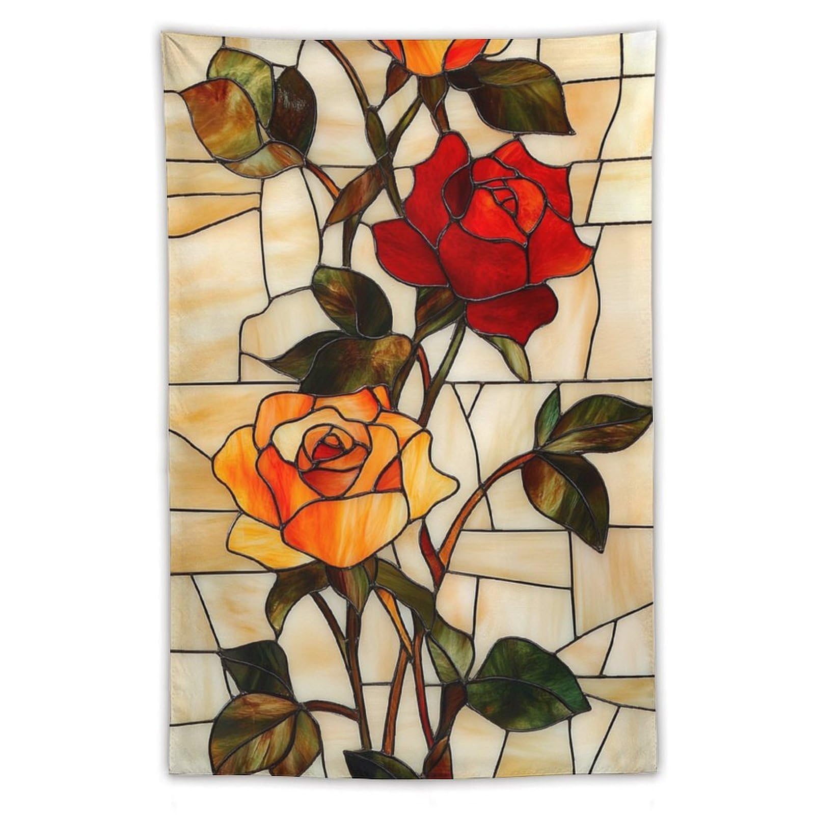 Jubonexis Stained Glass Red And Orange Roses Green Leaves Tapestry Polyester Aesthetic Wall Hanging Bedroom Living Room Dorm Decor 40"x60"