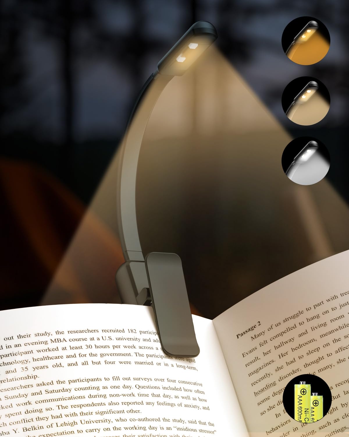 Book Light,Reading Lights for Books in Bed,AAA Battery Clip-On Led Reading Light with 3 Colors &amp; Stepless Dimming,Portable and Ultra-Lightweight with Long Runtime(DarkBlack)