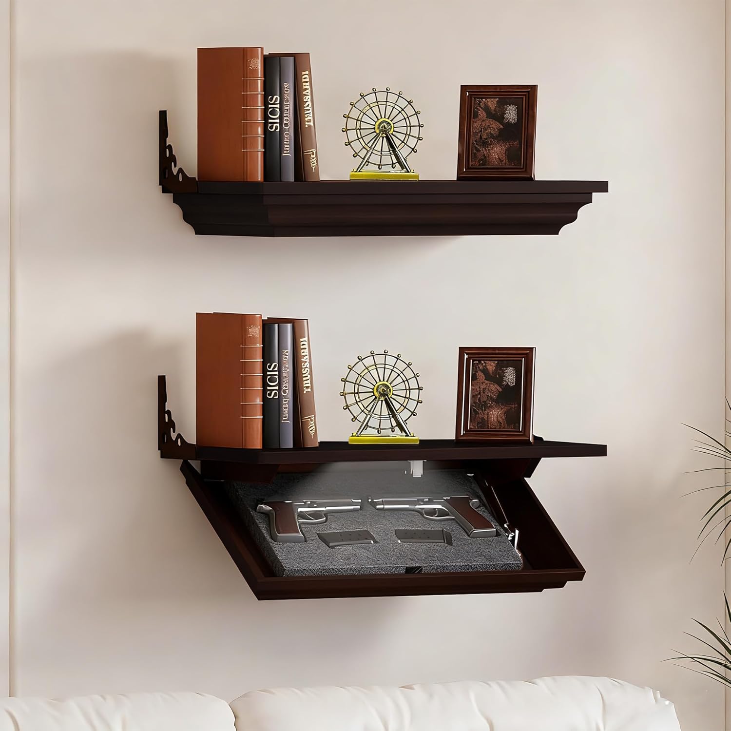 LED Compact Gun Shelf with Hidden Storage, Floating Wall Mount Gun Rack with Automatic Induction Windmill Lock and,Concealed Furniture for Secure Storage (Dark Brown)