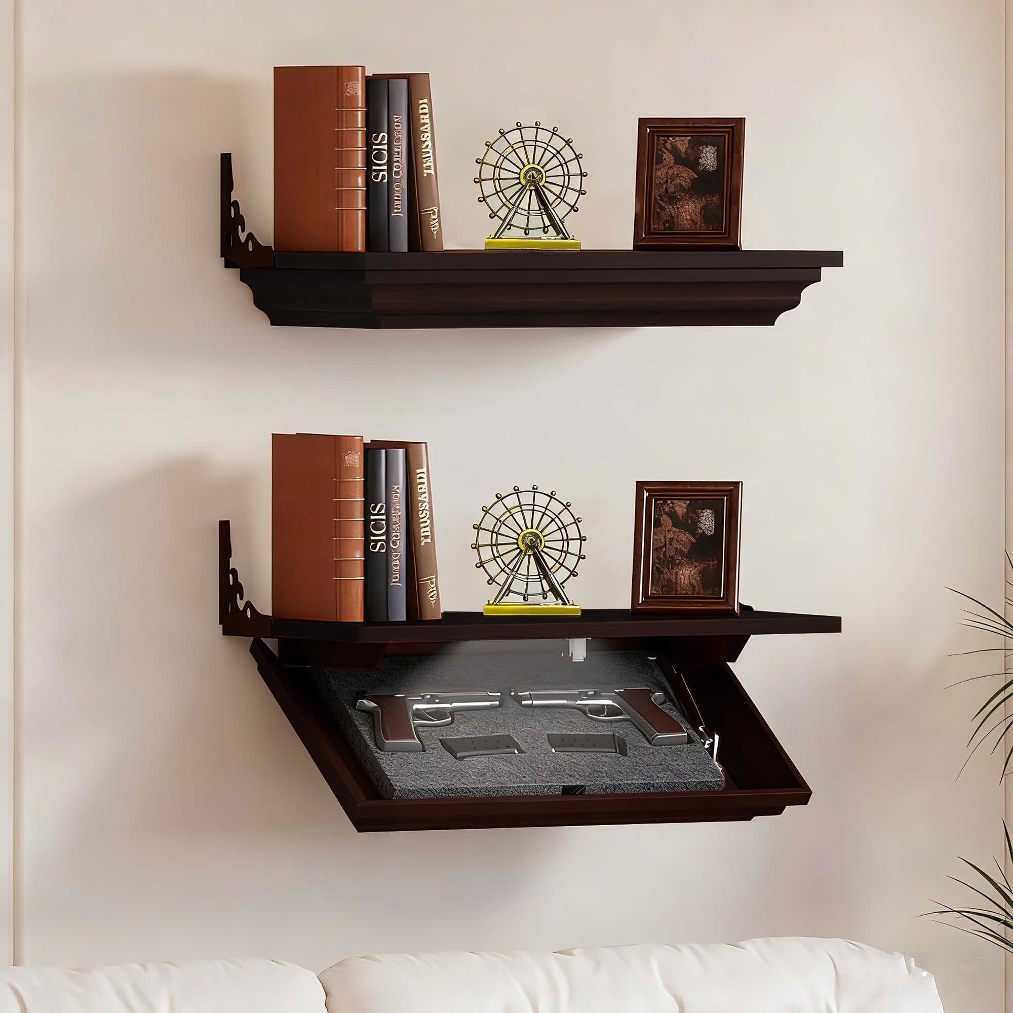 LED Compact Gun Shelf with Hidden Storage, Floating Wall Mount Gun Rack with Automatic Induction Windmill Lock and,Concealed Furniture for Secure Storage (Dark Brown)