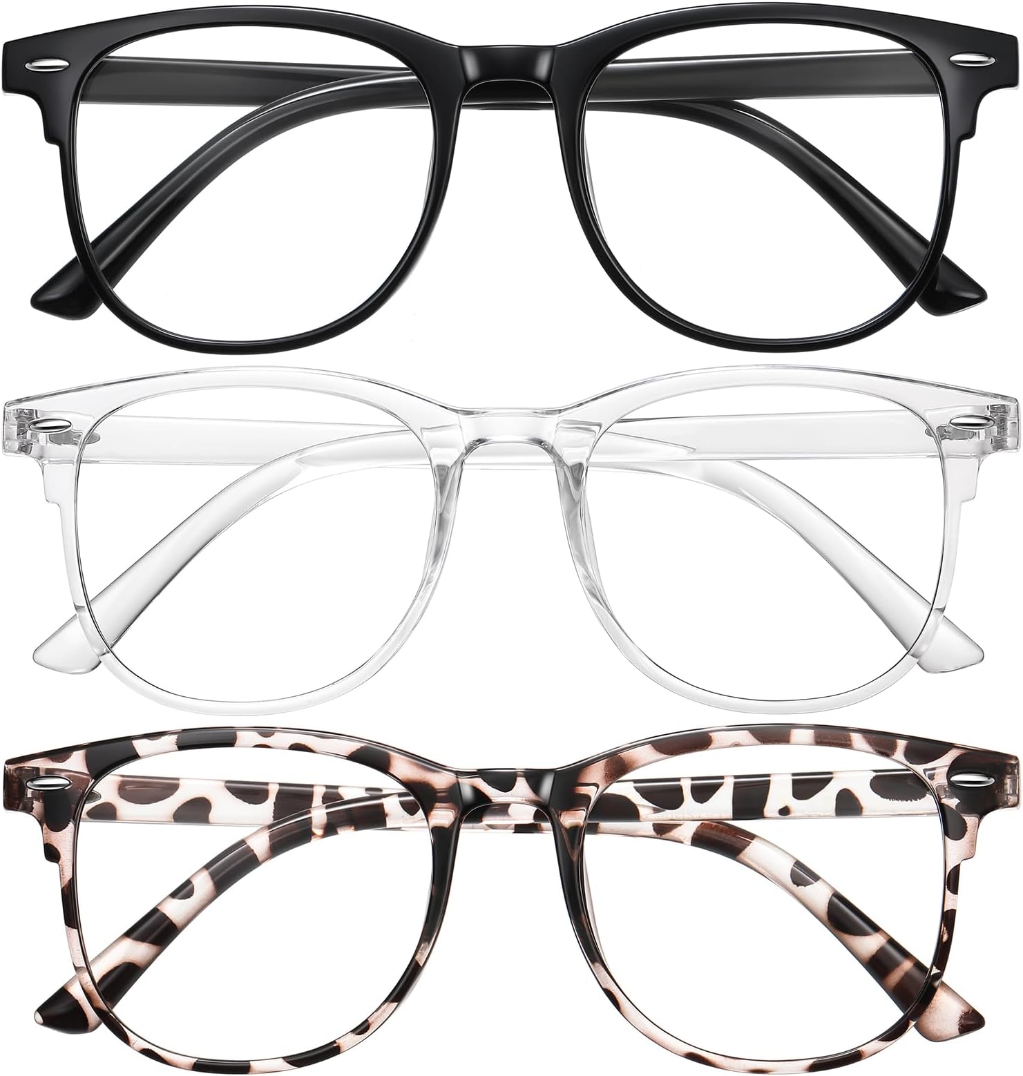 Ougenni 3 Pack Blue Light Blocking Gla-sses for Women Men, Round Computer Gla-sses Anti Eye Strain/UV/Glare Gaming Gla-sses Fashion Frame Fake Eyegla-sses with Clear Lens