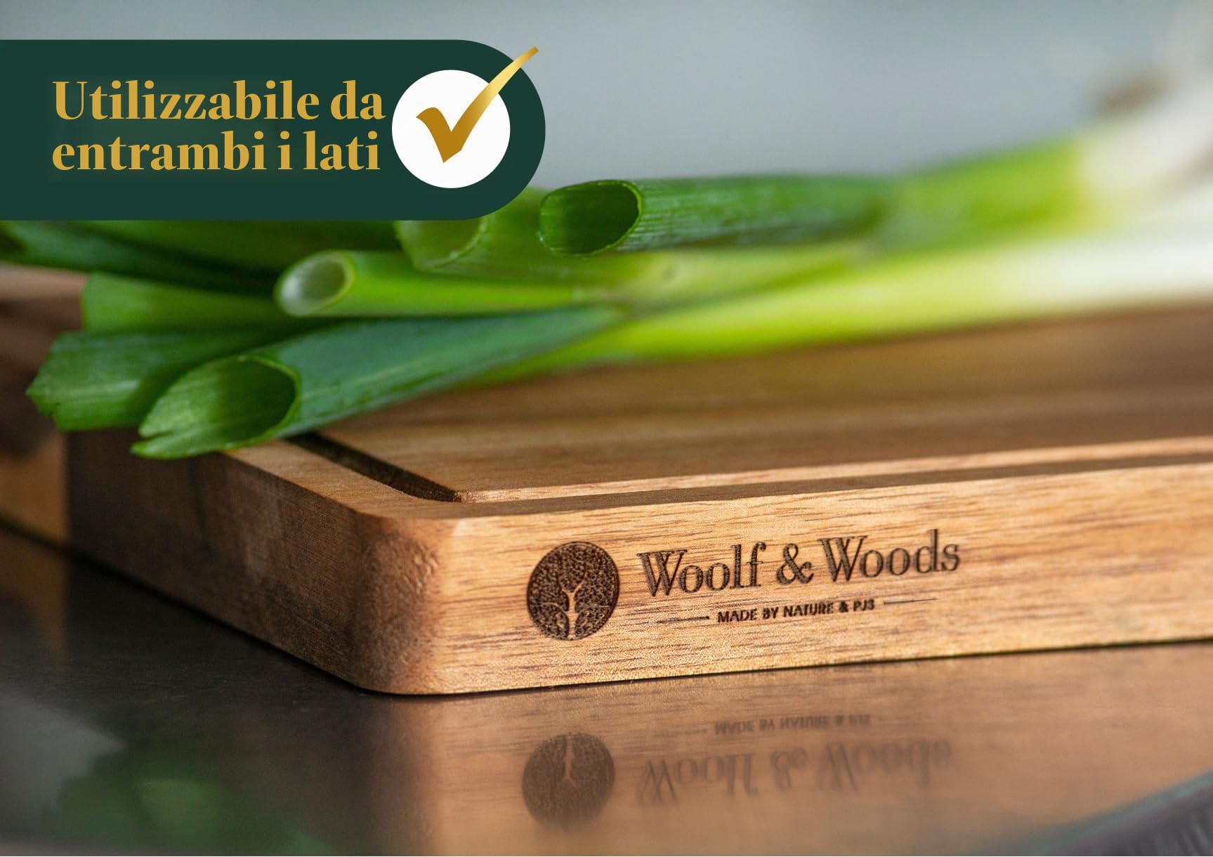 Woolf & Woods Tagliere in legno, extra spesso, prodotto naturale in acacacia, sostenibile, non trattato, tagliere da cucina e piatto da portata, 35 cm x 25 cm x 3 cm