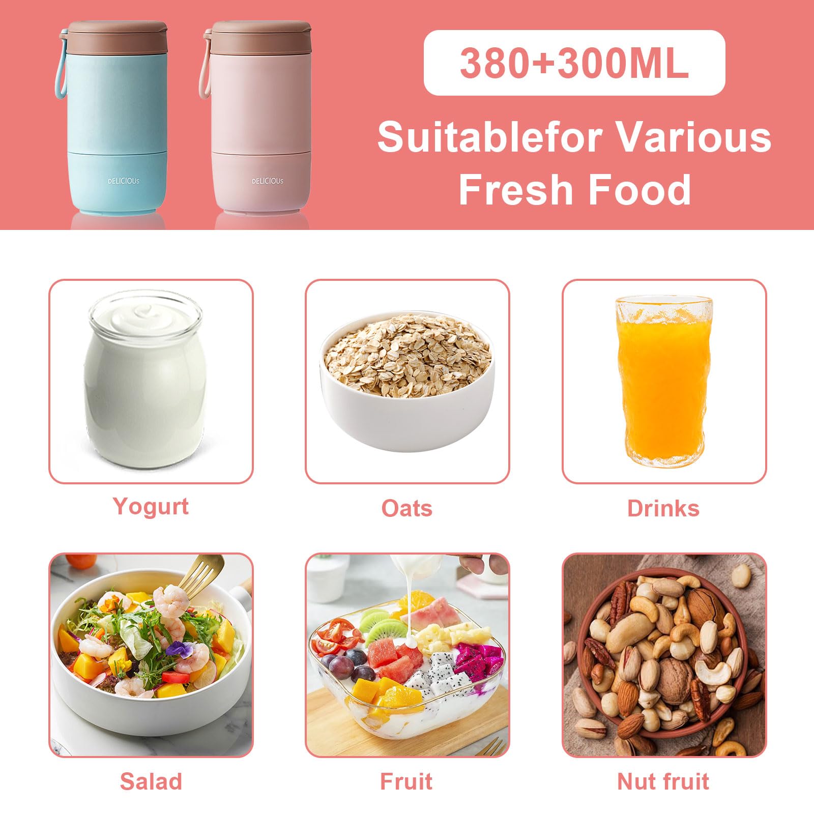 Qixuer 2 Pieces 600ml Muesli Mug, Muesli To-Go Cup, Practical Yogurt Cup to Take Away Leakproof Salad To-Go Lunch Box, Lunch Pot To Take And Folding Spoon for Any Breakfast Lunch