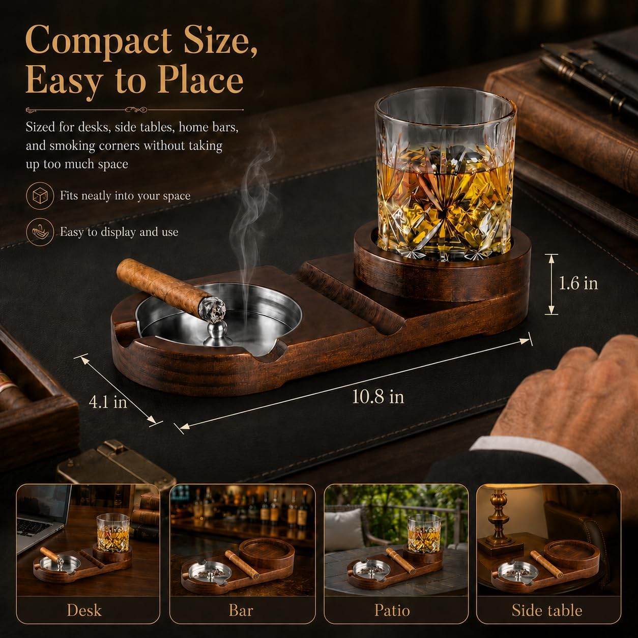 Cigar Ashtrays, Whiskey Glass Tray and Cigar Holder for Indoor Outdoor, Wooden Ash Tray Detachable Ashtray for Cigarettes, Cigar Accessories Decor for Home Office cigar Gifts for Men