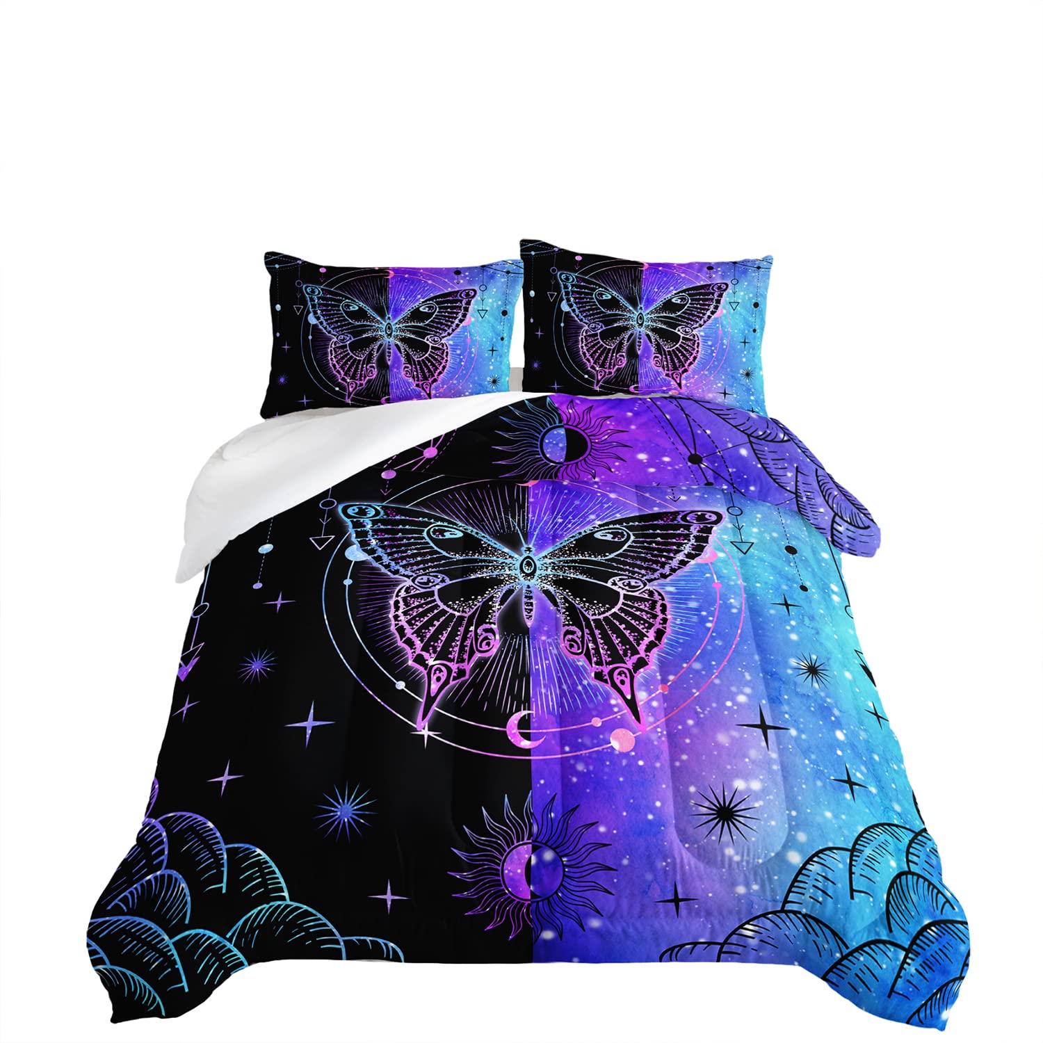 HOSIMA Full Size Comforter Set,Butterfly Comforter with 2 Pillowcases,Mandala Starry Sky Galaxy Aesthetics Purple Butterfly Room Decor,Blue and Black