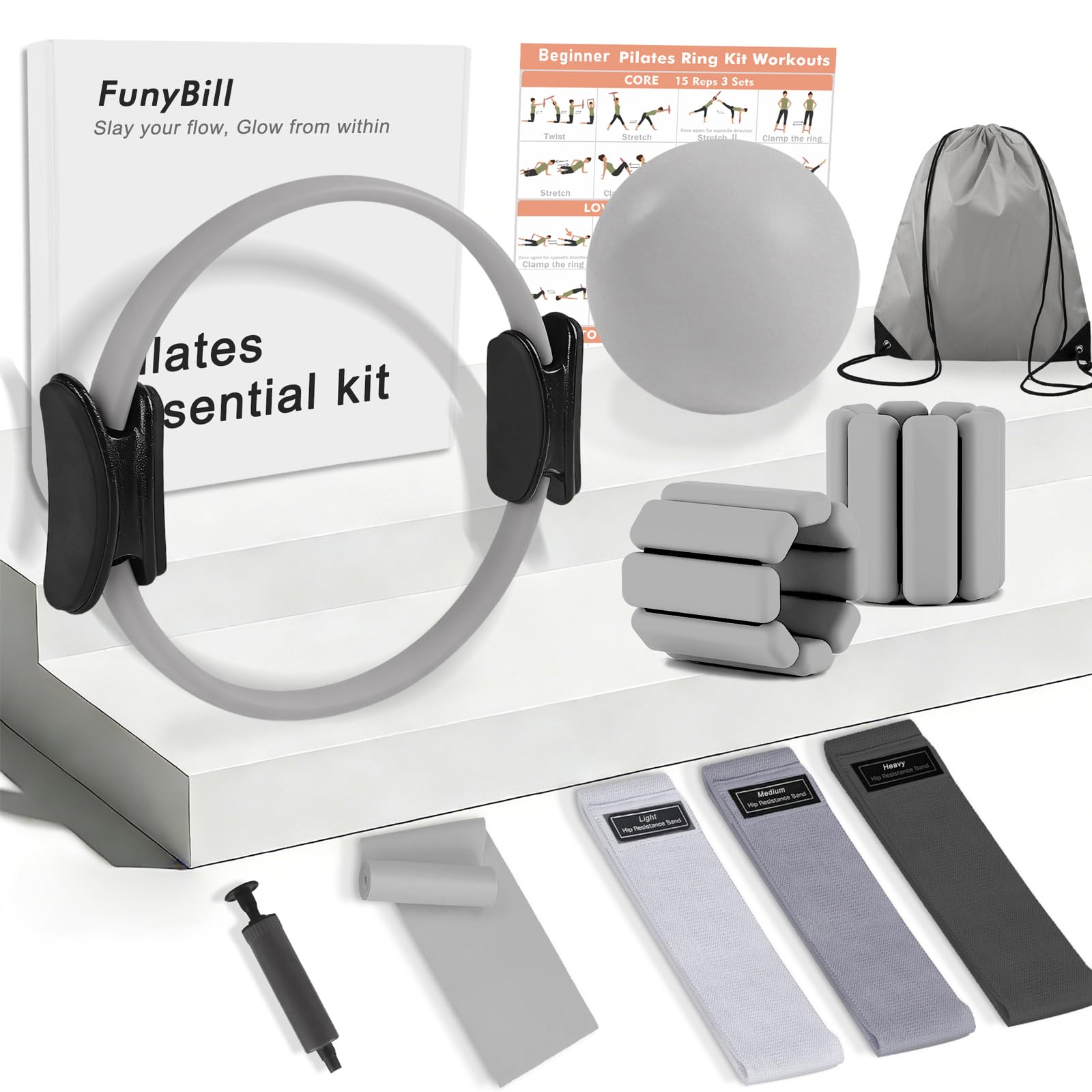 Kit d'anneau de Pilates, équipement de Pilates pour la Maison avec Poids pour Chevilles et Poignets et Bandes de résistance, adapté aux débutants, Excellent Choix de Cadeau pour Femme