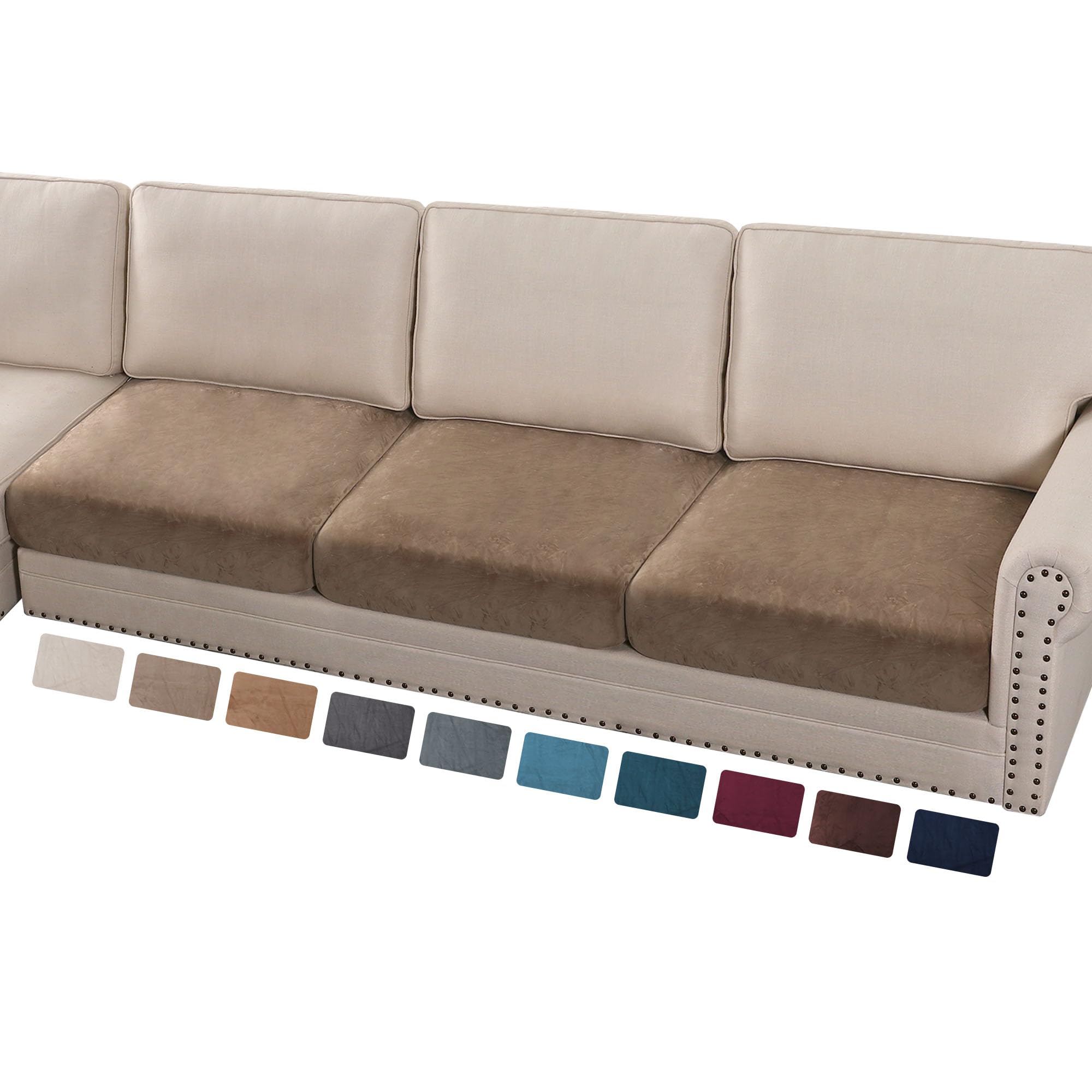 PrinceDeco Velvet Stretch Couch Cushion Cover Soft Cushion Slipcover for Chair Loveseat Sofa Cushion Furniture Protector Seat Cushion Sofa Cover (3 Piece XL Sofa Cushion Covers, Taupe)
