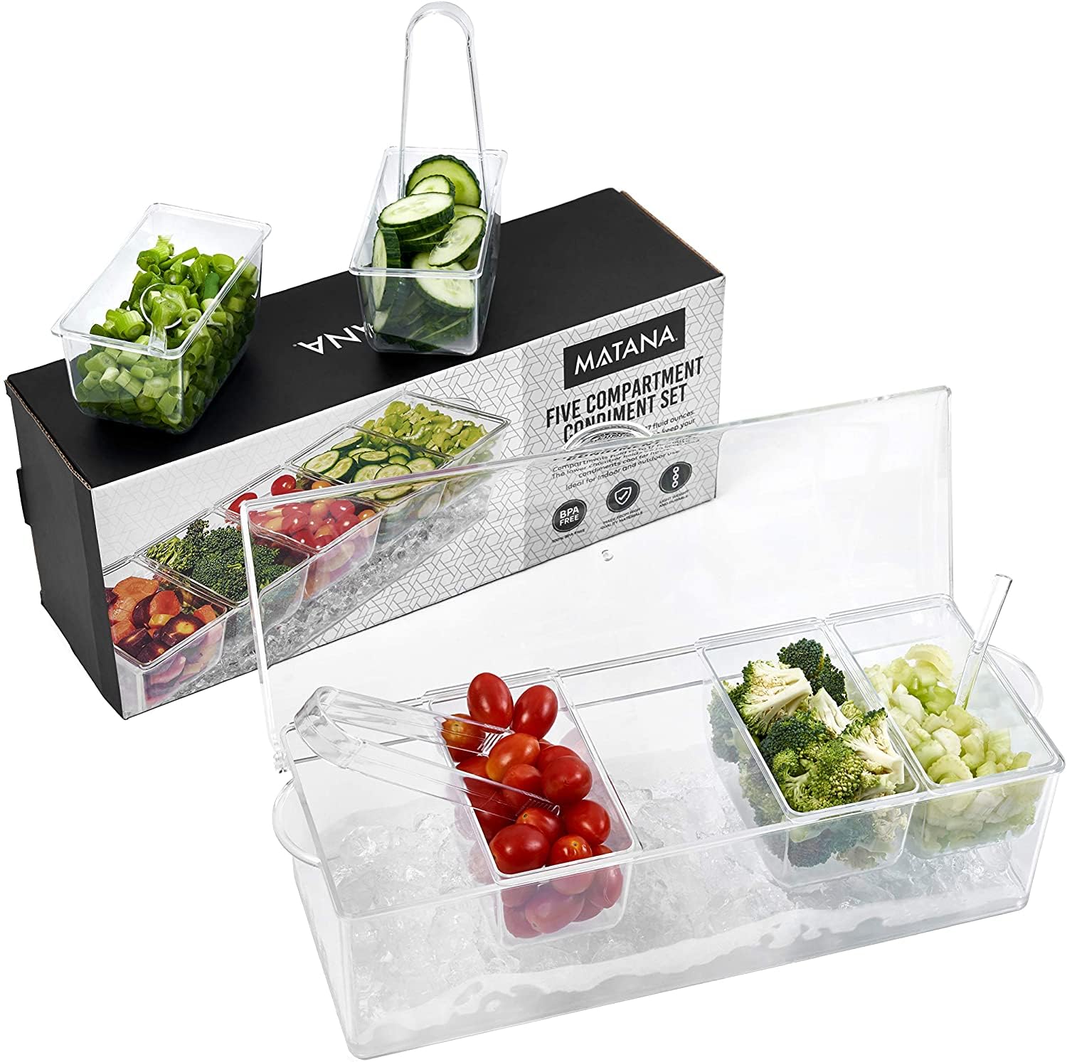 Matana Transparent Chilled Condiment Server - Garnish Caddy Tray With Ice Chamber, 20 Compartments, 12 Tongs, 12 Spoons - Condiments Serving Container For Bars, Parties, & Gatherings