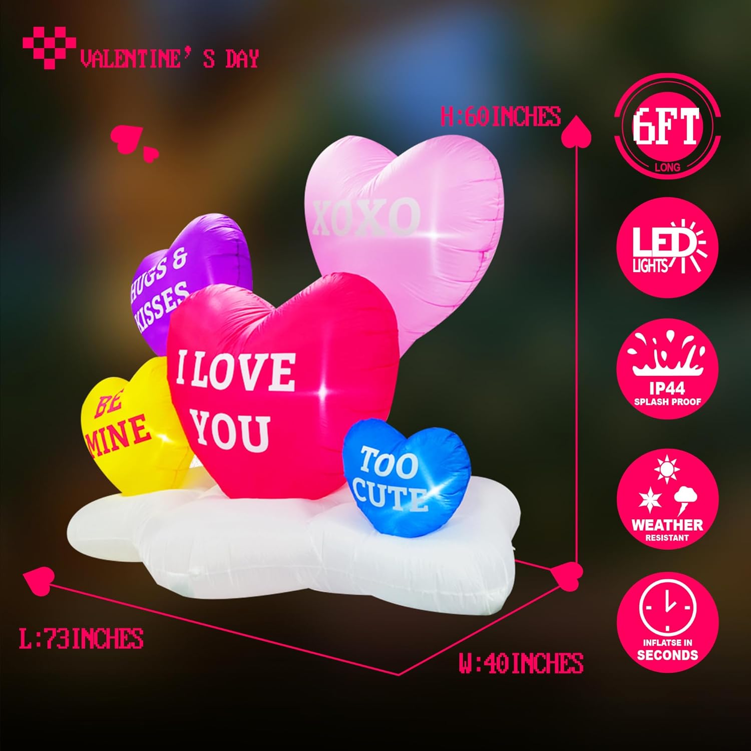 6FT Length Valentine's Day Inflatable Sweet Hearts Outdoor Decoration, Blow up Valentine Romantic Holiday Decor Built-in 5 LEDs for Wedding Propose Indoor Yard Party Supplies