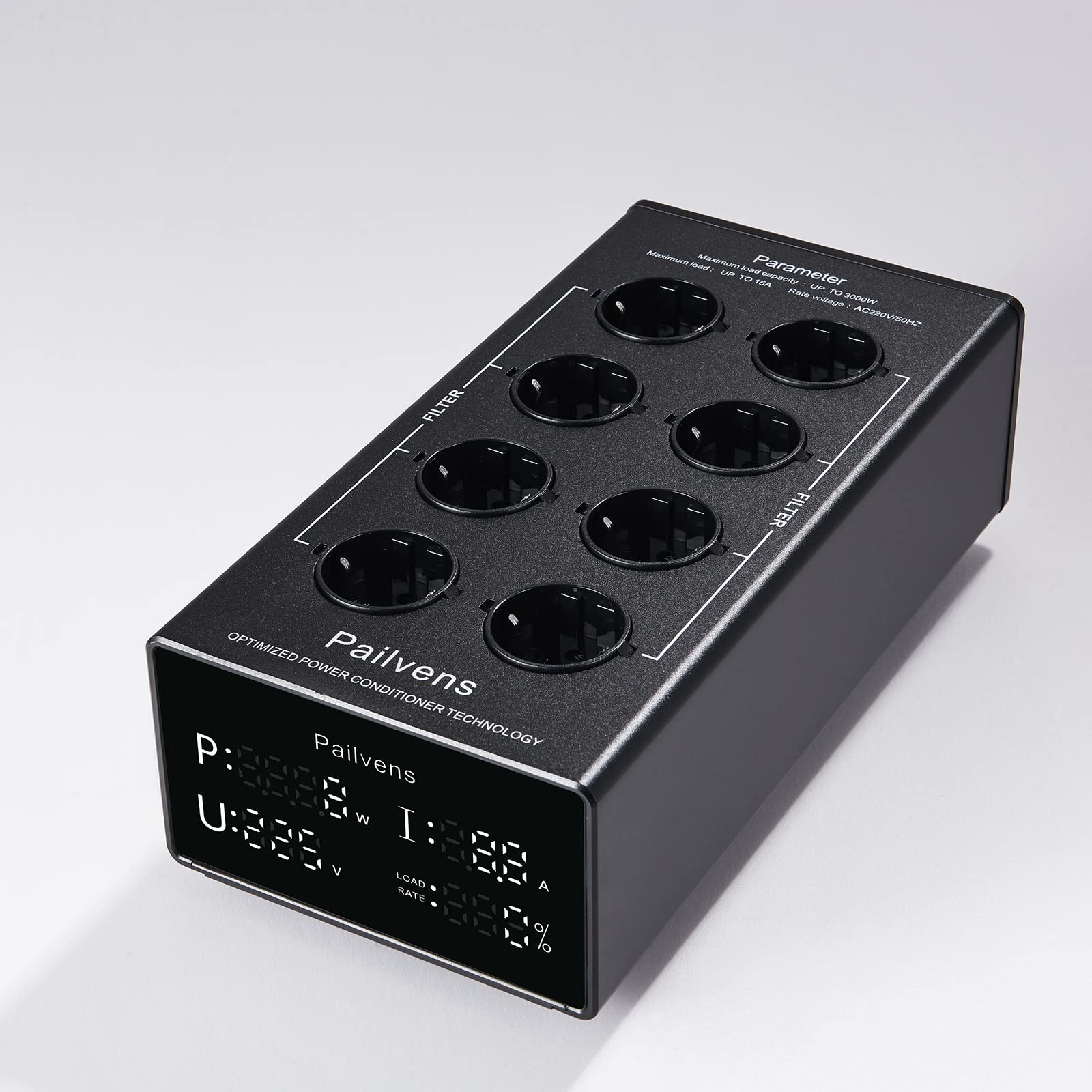 HiFi Netzfilter Steckdose mit großer LCD-Anzeige, 8-Fach, Schwarz