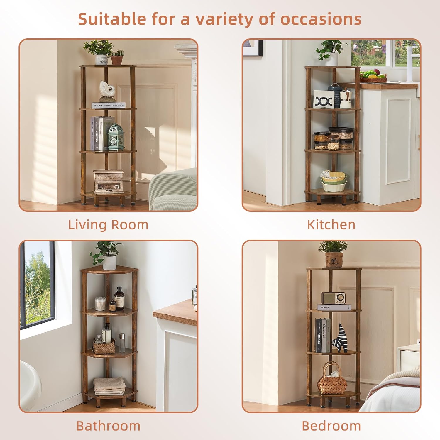 YUFAM 4-Tier Corner Shelf with Sturdy 5-Leg Base, Wooden Corner Bookshelf for Small Spaces, Corner Standing Shelf for Living Room, Bedroom, Office, Brown