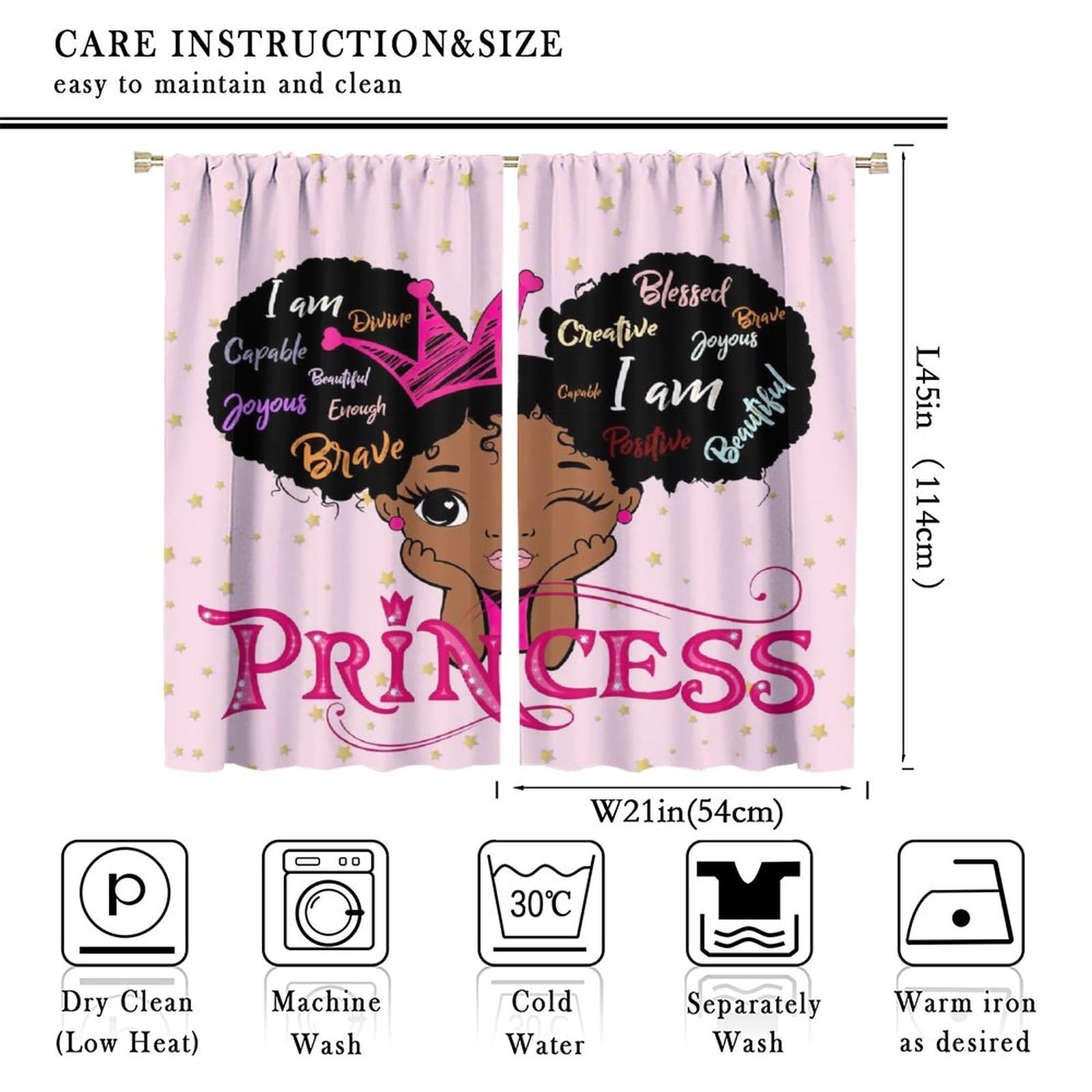 YCness African American Kids Curtains,Afro Black Girl Window Treatments for Bedroom Cute Girl Big Hair Pink Curtains 2 Panel Sets,42x45 Inch - Image 2