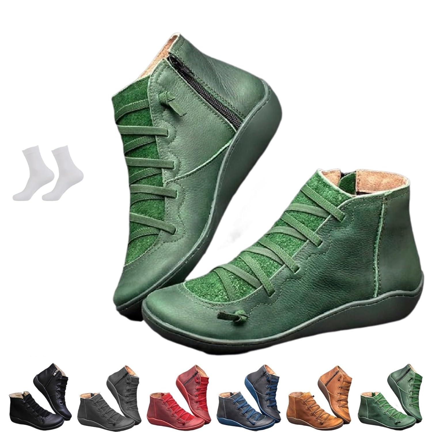 Womens Vintage Casual Short Ankle Boots 2025 New Arch Support Comfortable Lightweight Round Head Slip on Lace Up