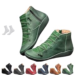 Womens Vintage Casual Short Ankle Boots 2025 New Arch Support Comfortable Lightweight Round Head Slip on Lace Up