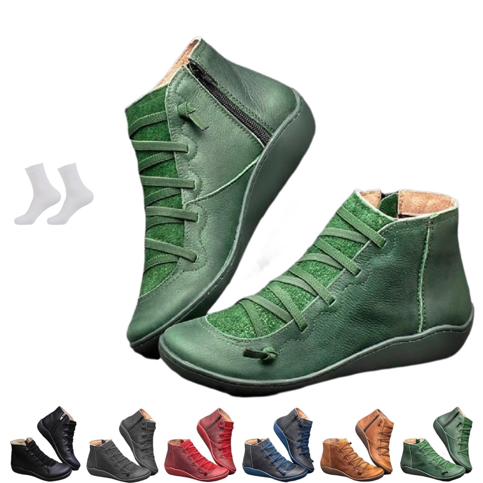 Womens Vintage Casual Short Ankle Boots 2025 New Arch Support Comfortable Lightweight Round Head Slip on Lace Up