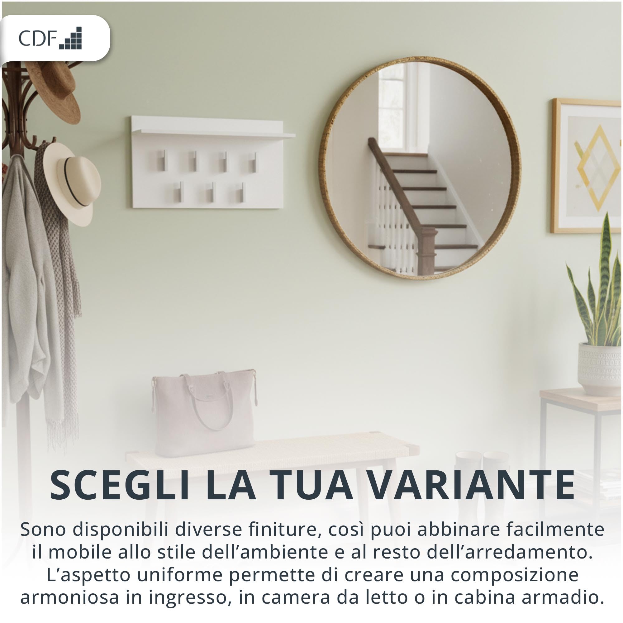CDF Appendiabiti a Parete con Mensola Pannello Guardaroba da Muro con 7 Ganci per Ingresso Corridoio Ufficio Design Moderno Salvaspazio 70 x 20 x 40 cm - Bianco