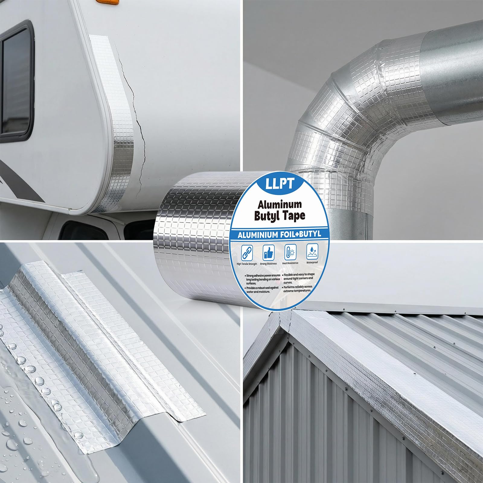 LLPT Aluminium Ruban Butyle | 15 cm x 5 m | Ruban D'étanchéité Imperméable | pour Solins de Toiture Métallique Réparation de Toiture de Camping-Car Réparation de Fuites de Gouttières (AB437WT)