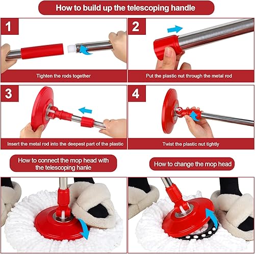 Miniatura 3 de Juego de cubos de fregona para limpieza de suelos con escurridor giratorio de 360°, agua sucia separada con 3 cabezales de fregona de microfibra