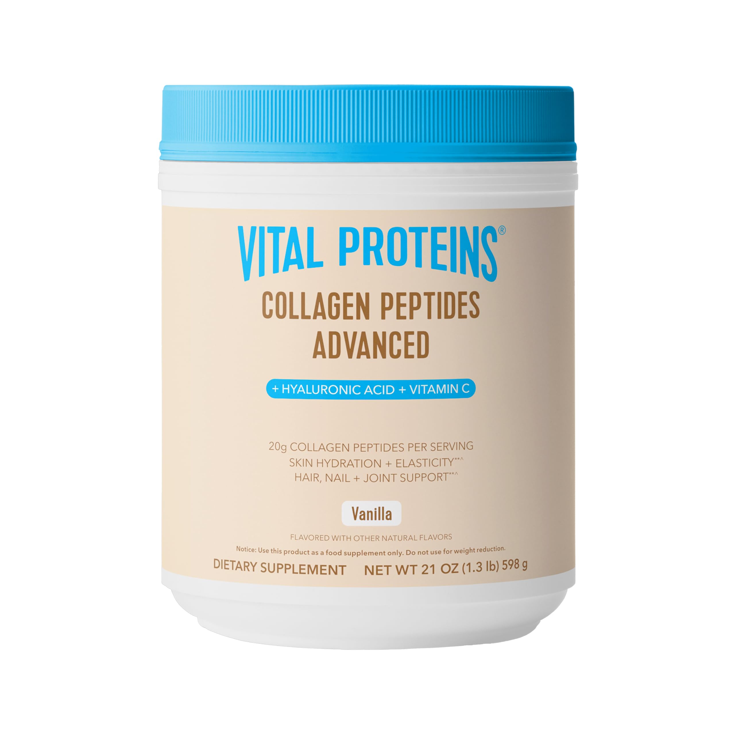 Vital Proteins Collagen Peptides Advanced, Hydrolyzed Peptides with Hyaluronic Acid and Vitamin C - Vanilla Flavor Powder, 21oz