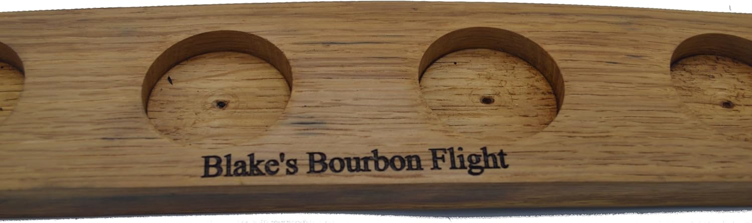 Personalized Laser Engraved Whiskey Glass Flight Tasting Board Holder 3, 4 or 5 Made from a Kentucky Bourbon barrel stave (Glasses Not Included) (4 Glass, Golden Oak)