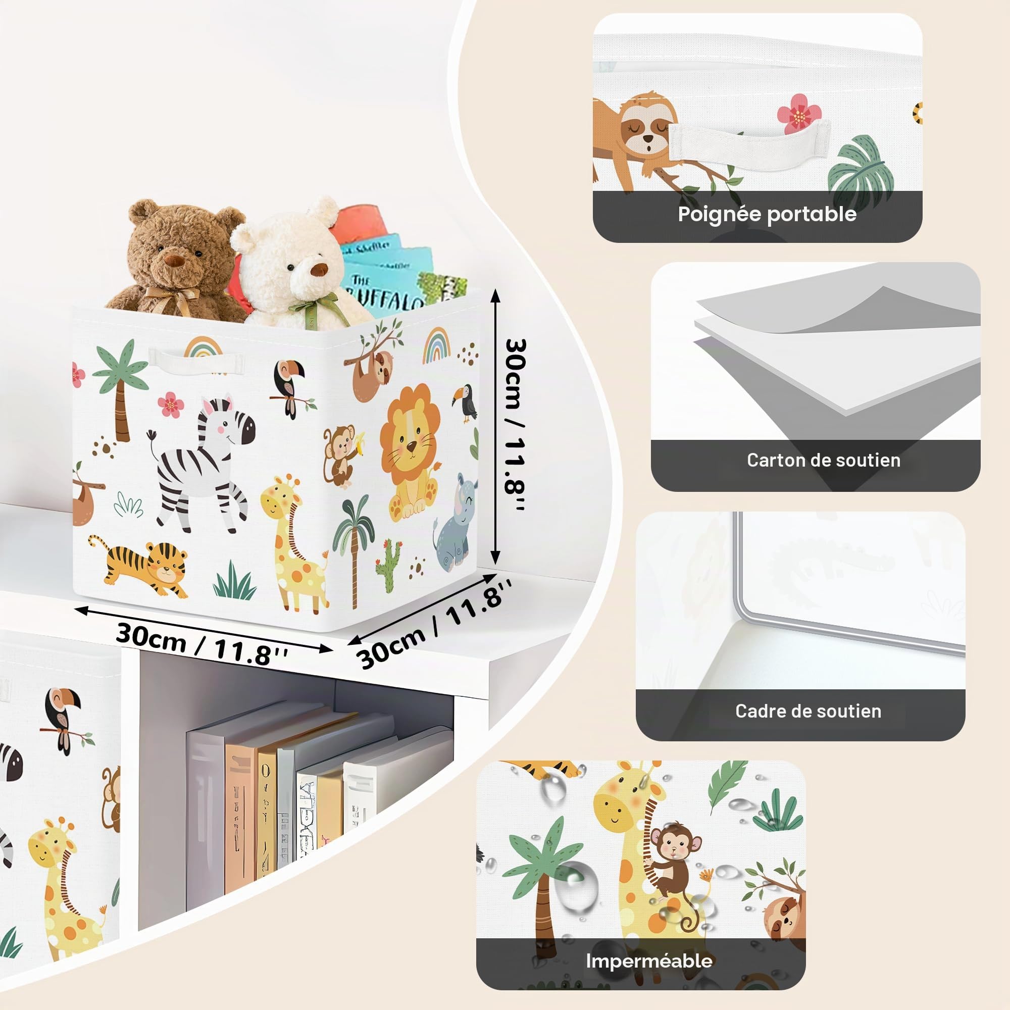 Clastyle Lot de 3 Boite Rangement Tissu Animal Jungle Cube de Rangement Pliable Adolescent Panier Kallax pour Salle de Bain,Blanc,30x30x30 cm
