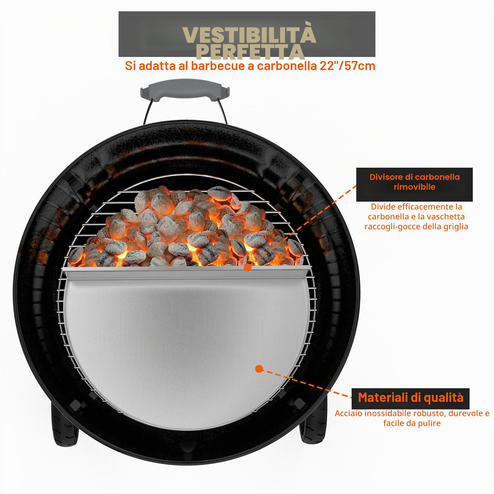 onlyfire Semi-Circolare Vaschetta Raccogli con Divisorio Rimovibile in Carbone per Weber 57 cm Griglia a Carbonella Kettle, Vaschetta Raccogli Grasso in Acciaio Inox, Calore Indiretto