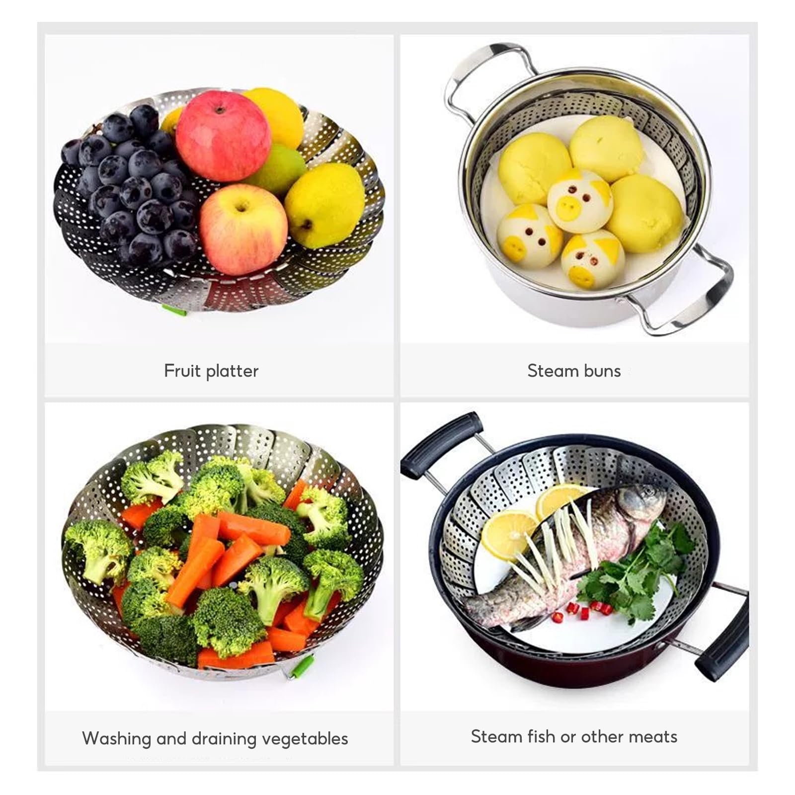 Cestello Vapore Pieghevole In Acciaio Inox - Vaporiera Universale Per Pentole Con Manico Antiscottatura - Foto 14