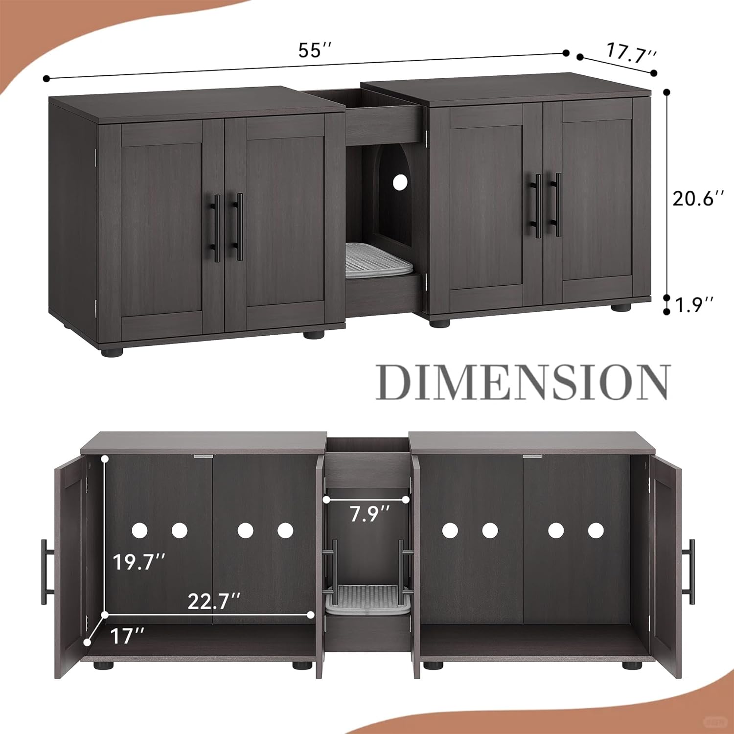 Cat Litter Box Enclosure Furniture for 2 Cats, 55" Large Hiddden Cat Litter Box Enclosure Furniture 3-IN-1 Wooden Cat Litter Cabinet with Barn Door & Double Rooms for Bedroom Living Room, Walnut