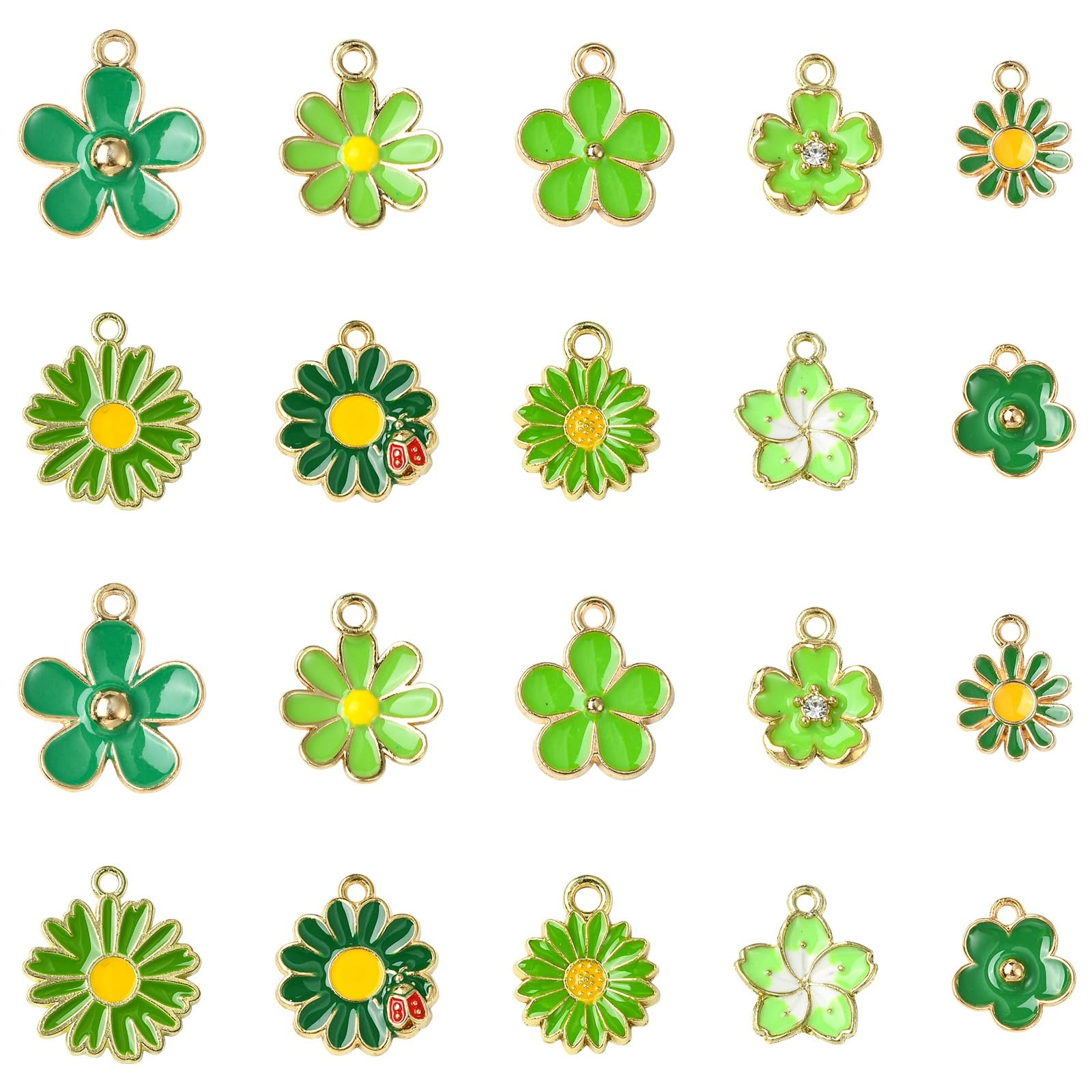 Stiesy 60Pcs 10 Style Enamel Flower Charms Green Small Flower Pendant Charm Daisy with Ladybird Charms Cherry Blossom Sunflower Alloy Charms for Jewelery Making Bracelet Crafting Necklaces Present